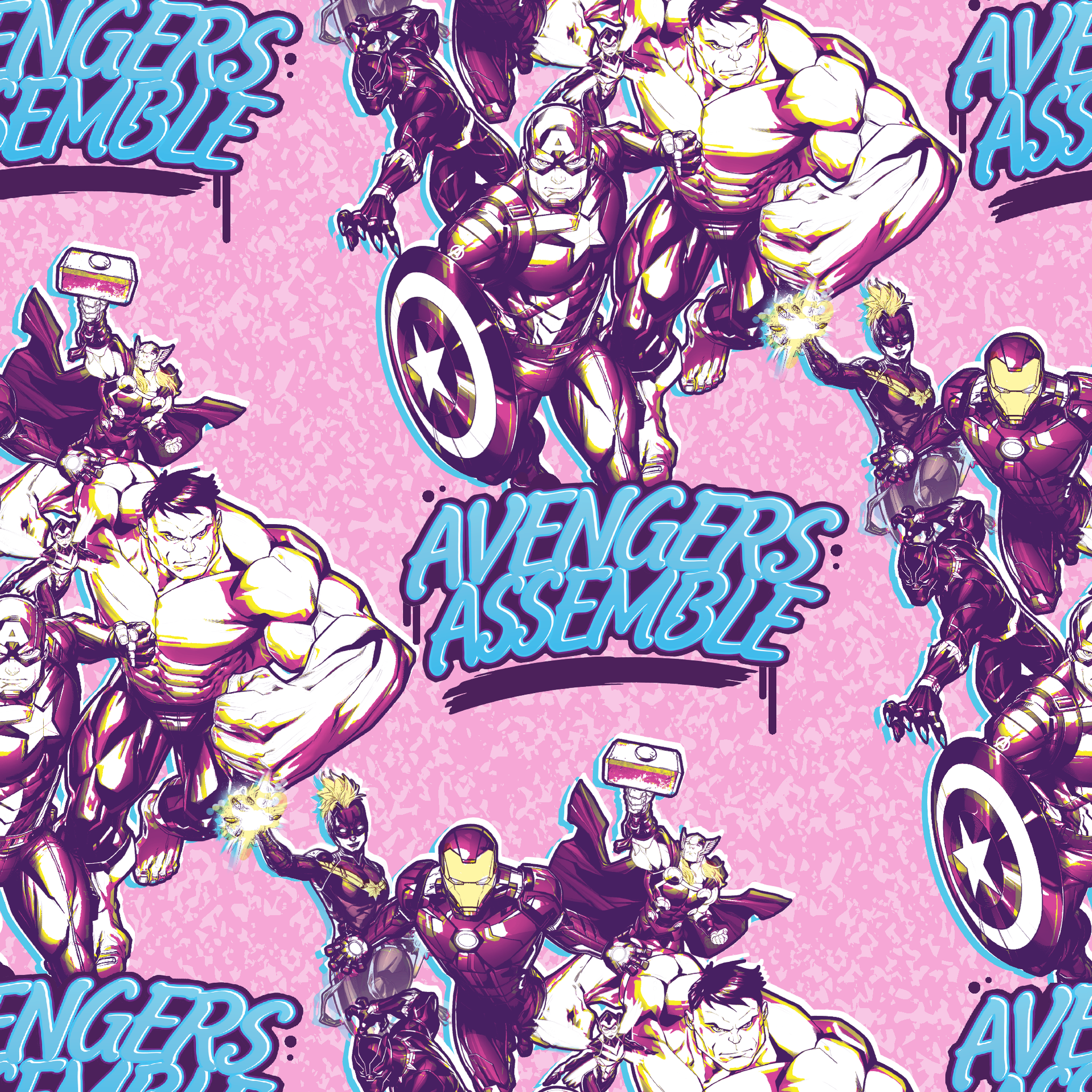 Avengers comic book characters pattern on purple background with "Avengers Assemble" text tiled preview square