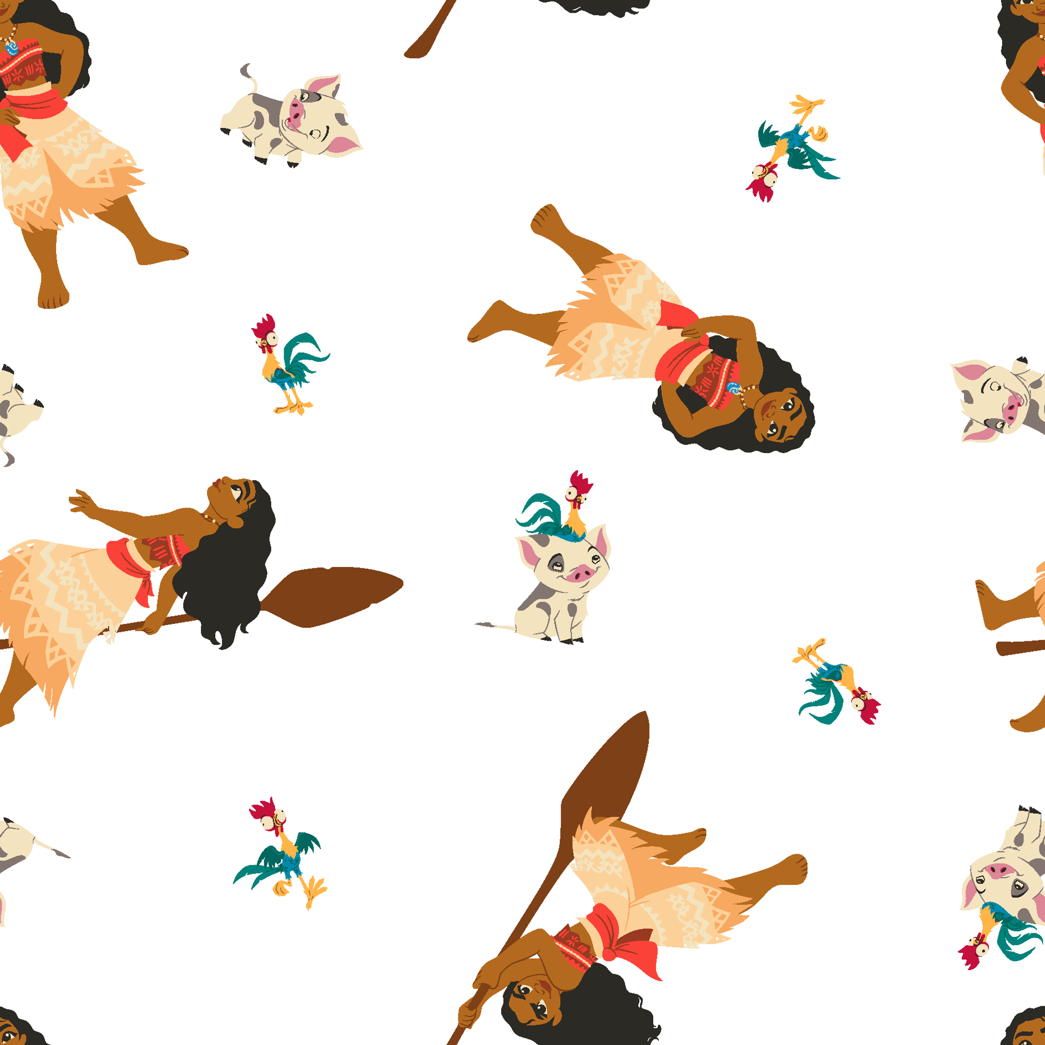 Moana pattern on white background with colorful cartoon animals in repeating design tiled preview square