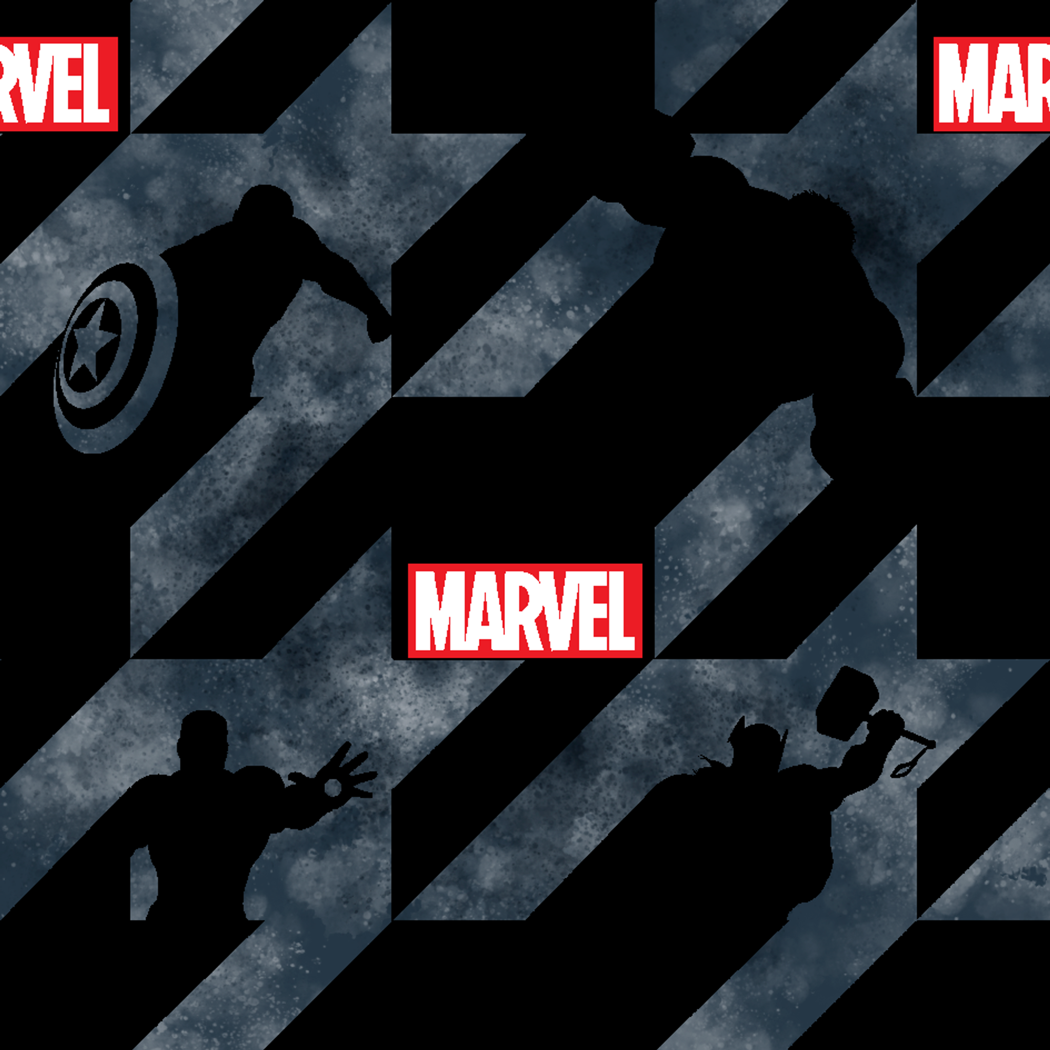 Marvel logo with silhouettes of superheroes against dark gray diagonal stripes background tiled preview square