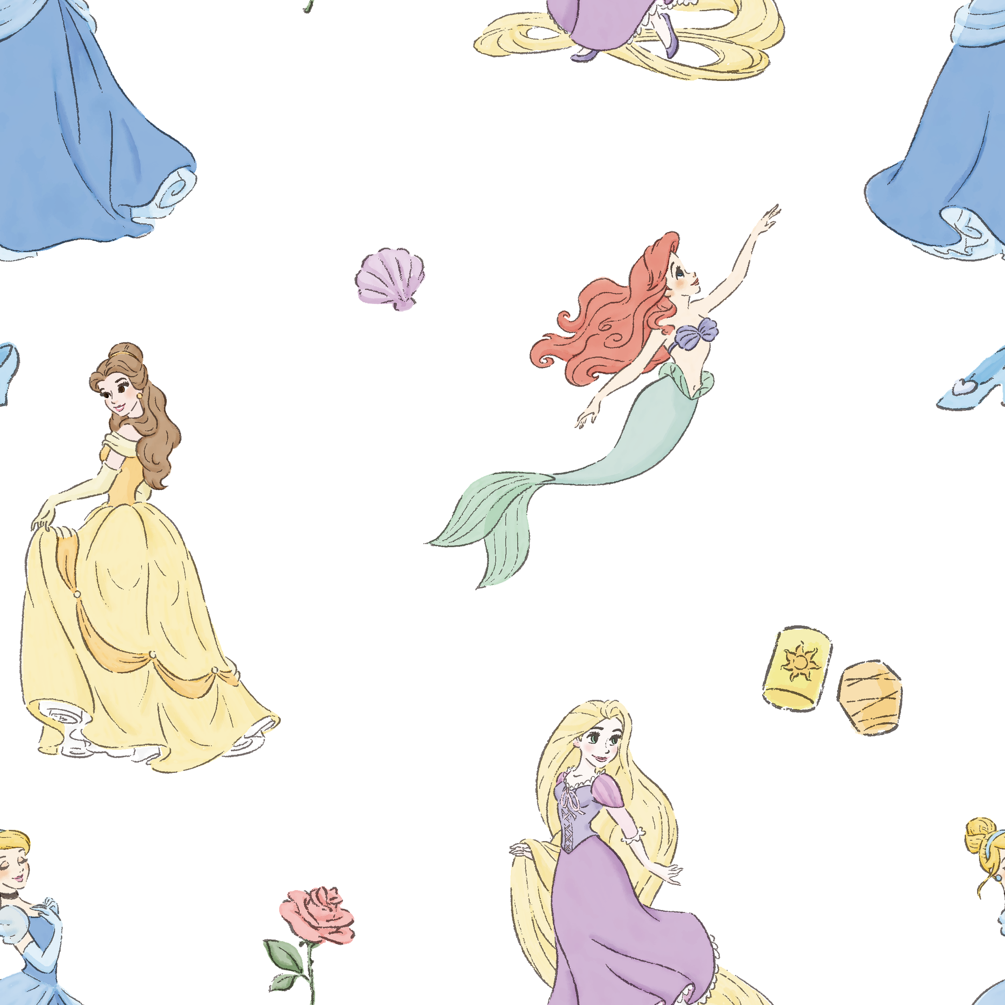 Disney princesses pattern with yellow gown, mermaid with tail, purple dress, roses and shells on light blue background. tiled preview square