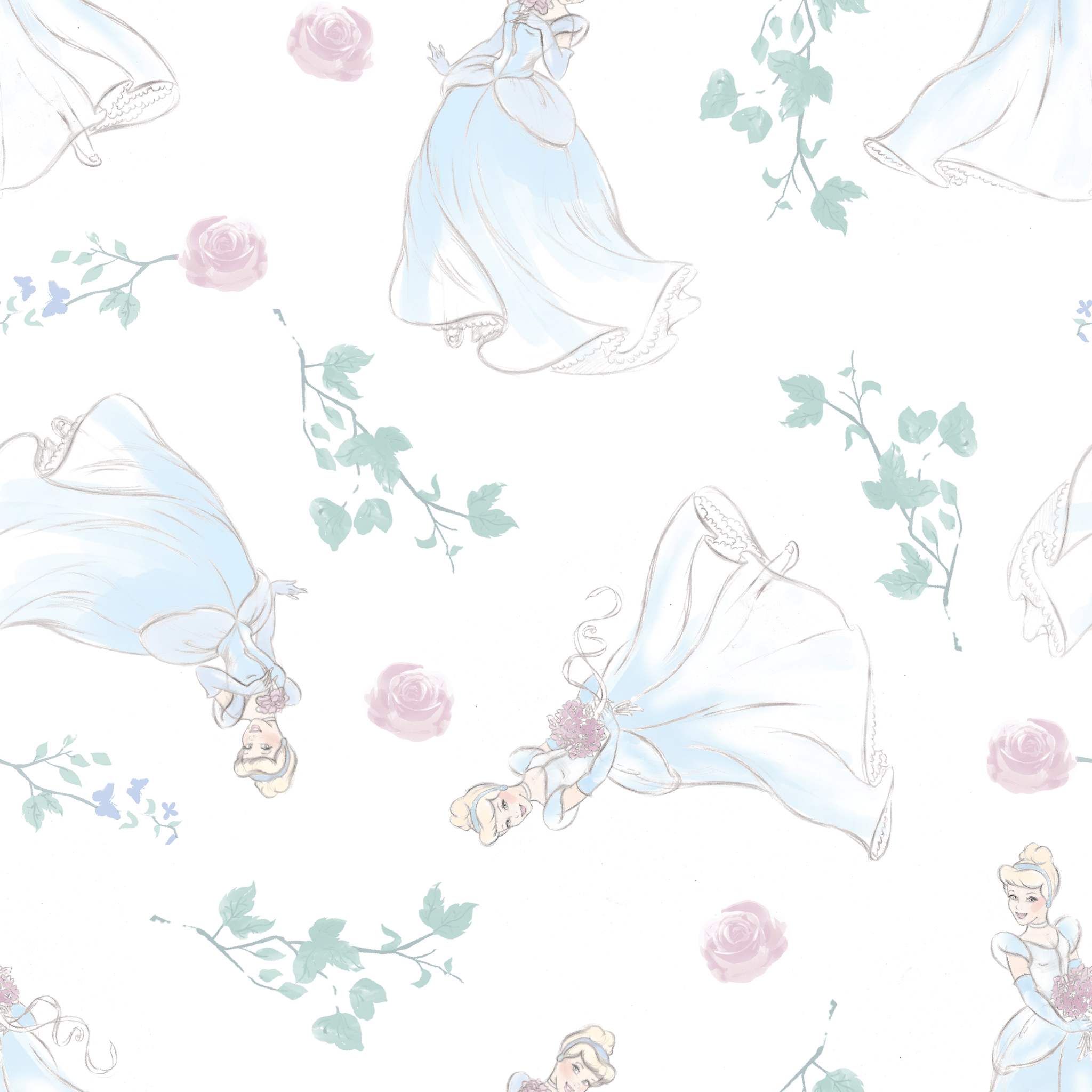 Delicate pattern of flowing blue dresses, pink roses, and mint green foliage on a light background tiled preview square