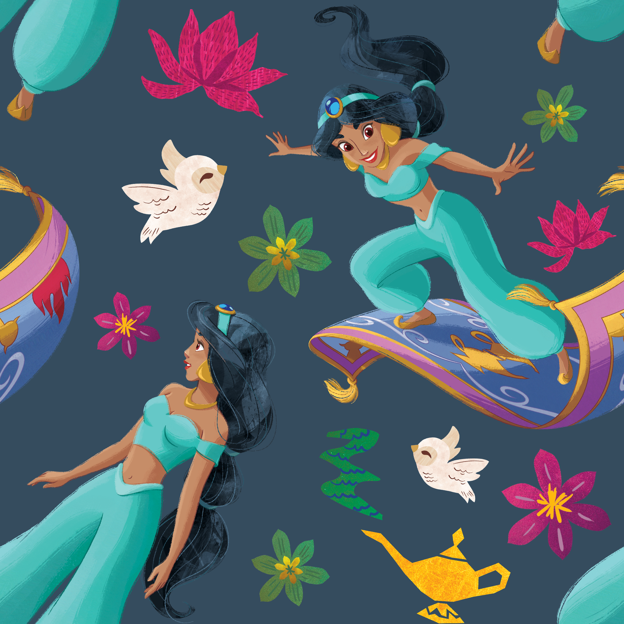 Animated characters in turquoise outfits flying on magic carpets with white doves, lotus flowers, and a golden lamp against dark background. tiled preview square
