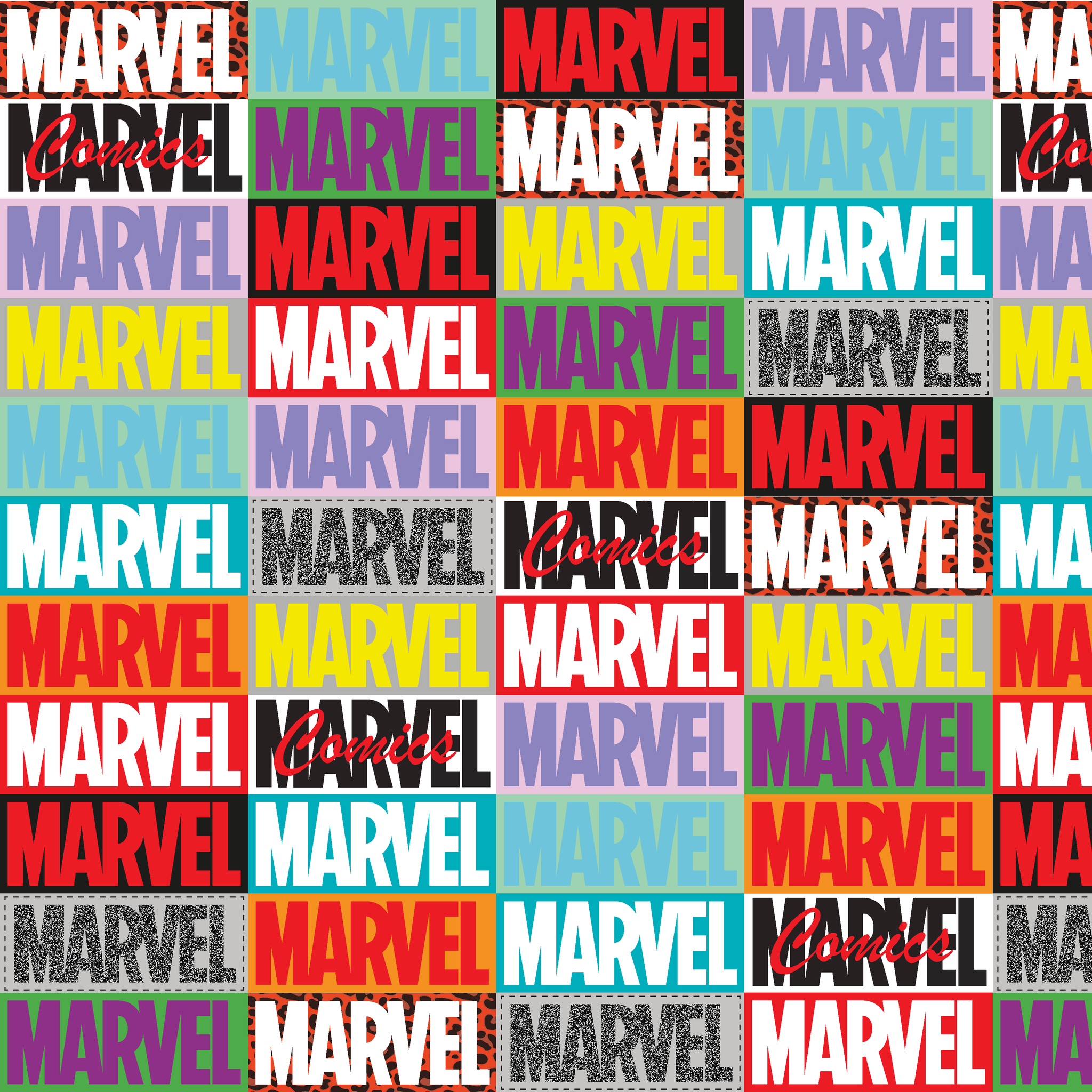 Colorful grid pattern of Marvel logos in various colors including red, blue, yellow, teal, purple, and gray against contrasting backgrounds tiled preview square