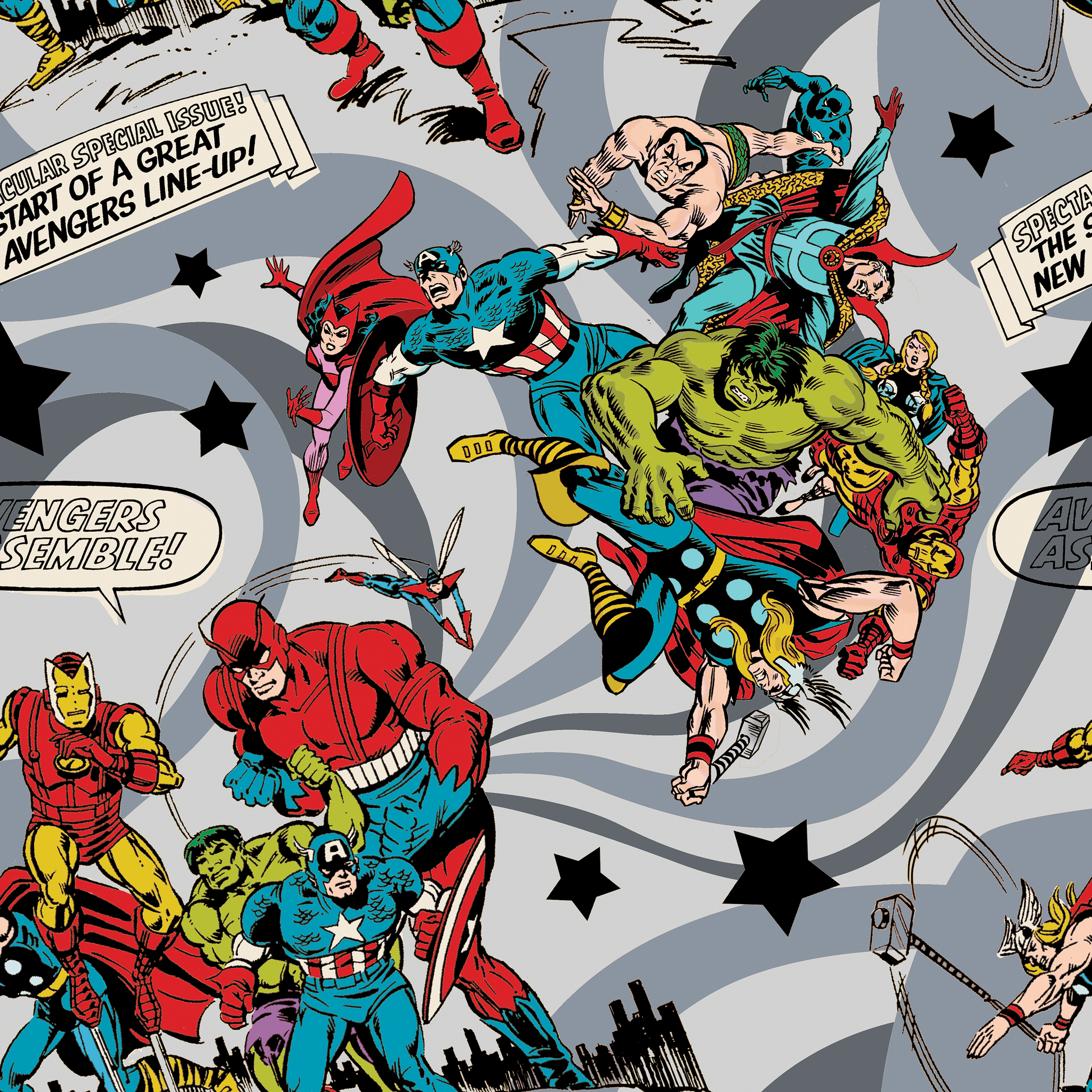 Colorful comic book style pattern with Marvel superheroes on gray background with stars and swirls tiled preview square