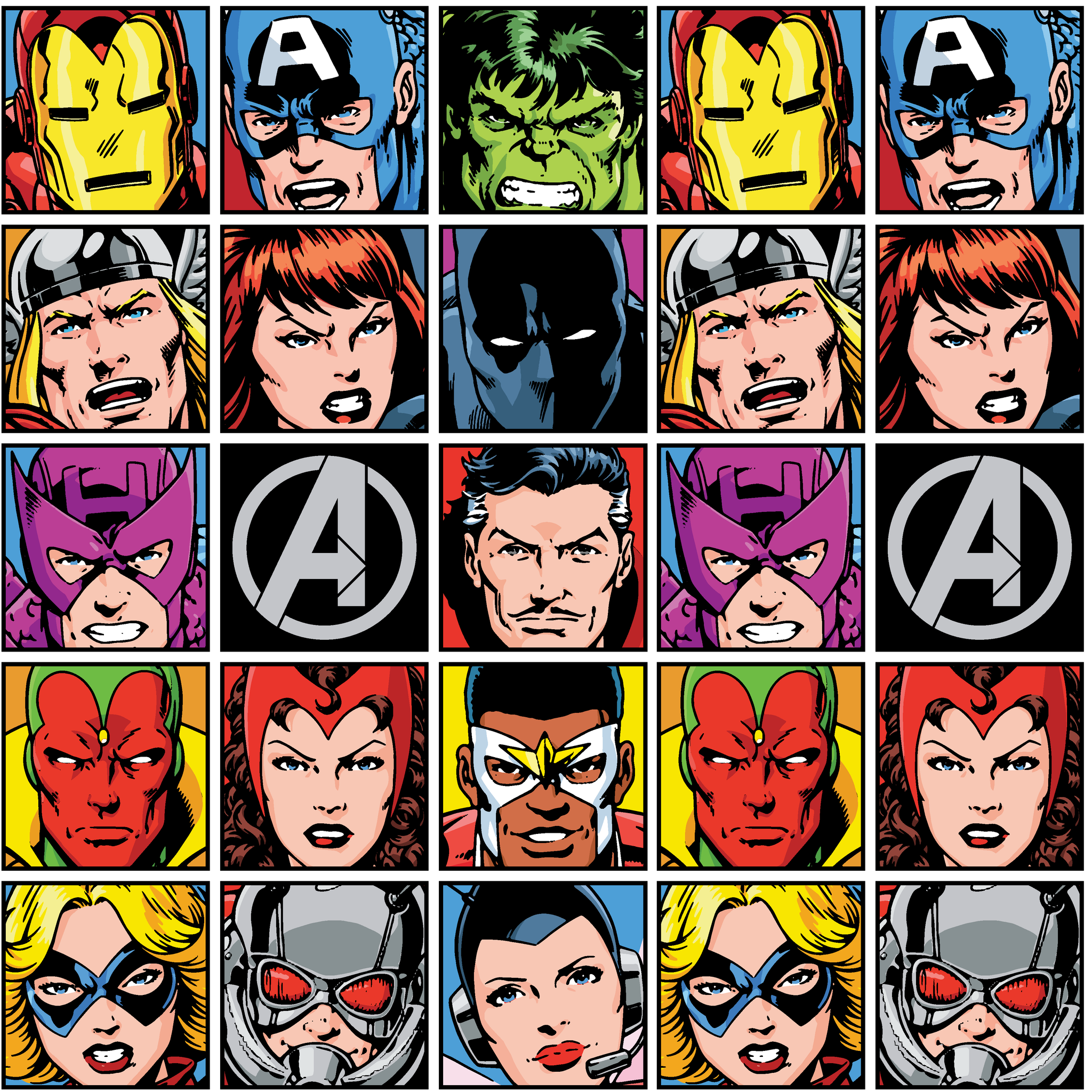 Marvel Avengers character portraits in comic style grid with colorful backgrounds showing superheroes and their iconic looks. tiled preview square