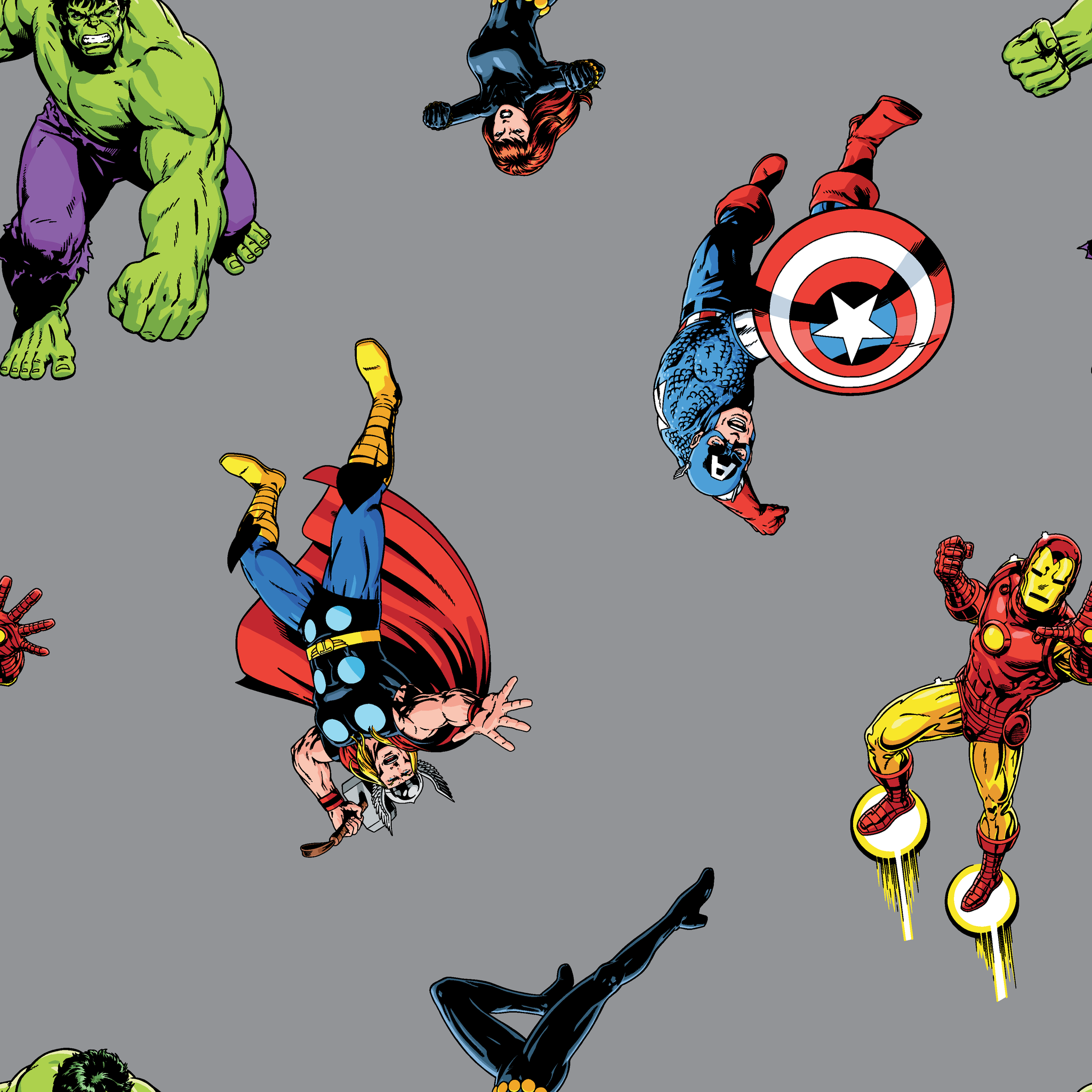 Marvel superheroes pattern with Hulk, Thor, Captain America, and Iron Man on gray background tiled preview square