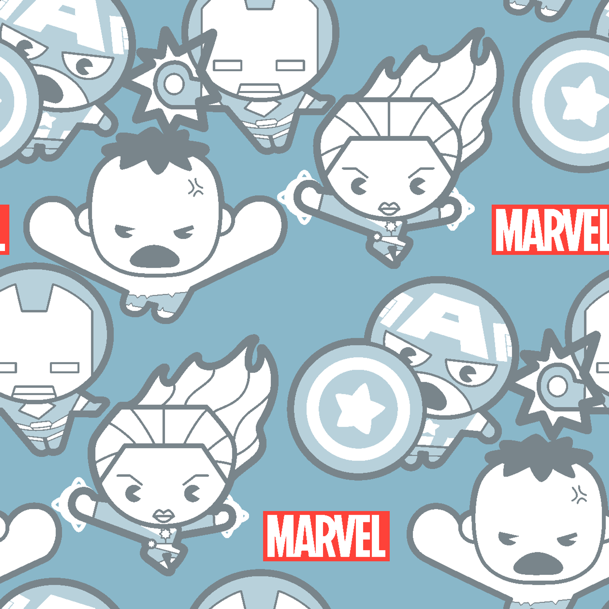 Marvel kawaii superhero pattern with cartoon characters, shields, and gear symbols on blue background tiled preview square