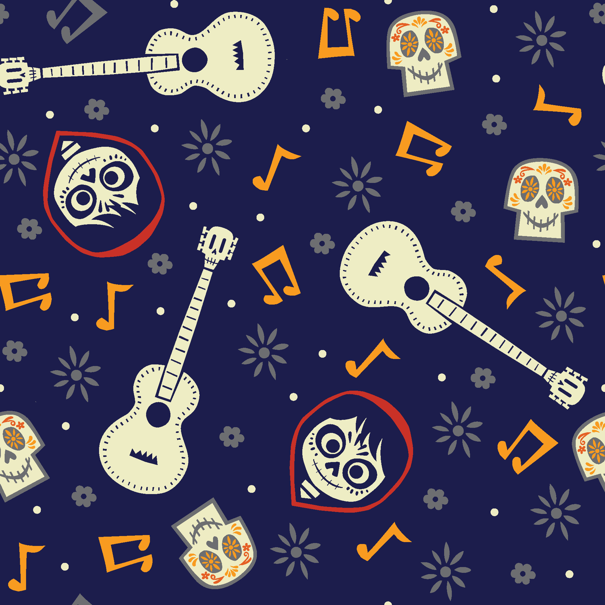 Coco dark blue pattern with white acoustic guitars, decorative skulls, orange musical notes, and circular designs scattered across a starry background. tiled preview square