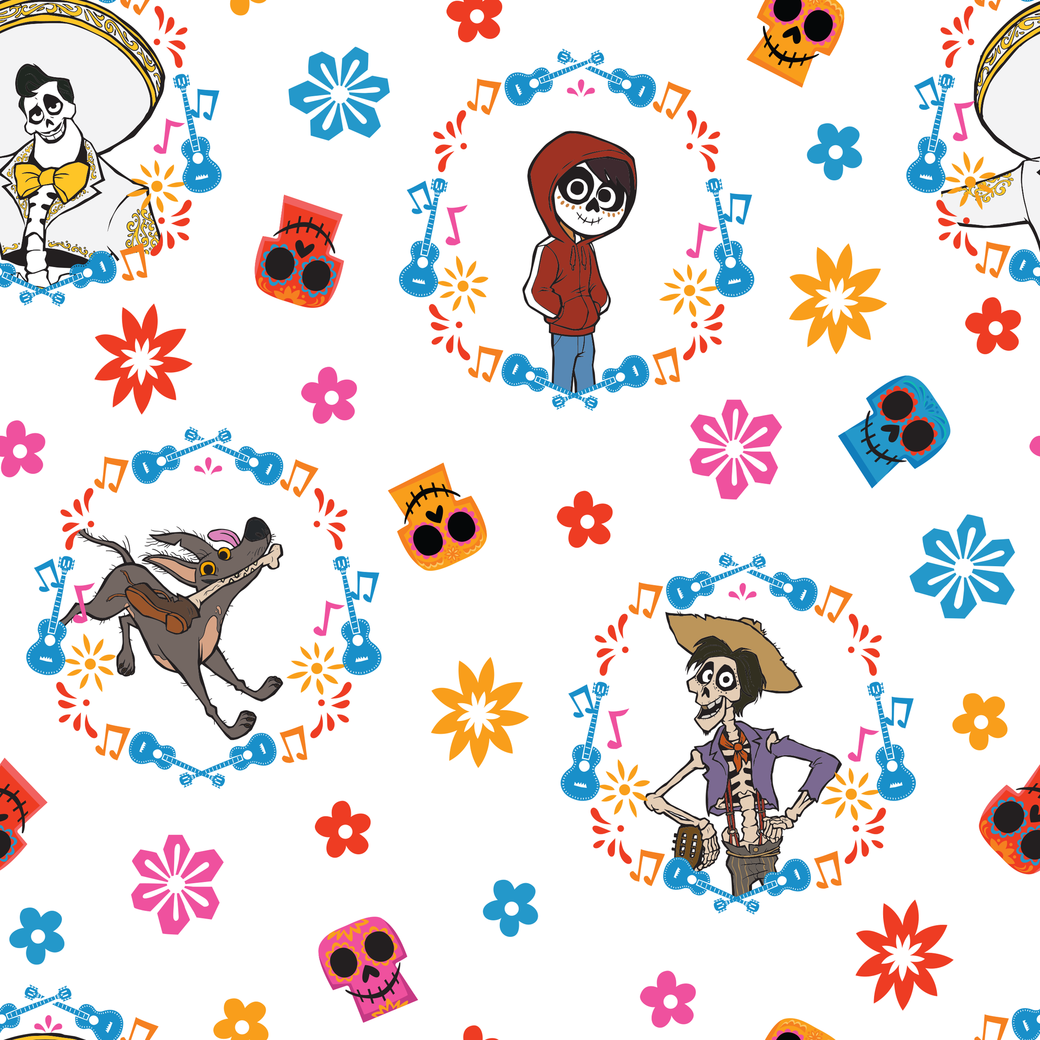 Colorful Coco pattern with Day of the Dead skeleton characters in floral wreaths, sugar skulls, and bright flowers on white background tiled preview square