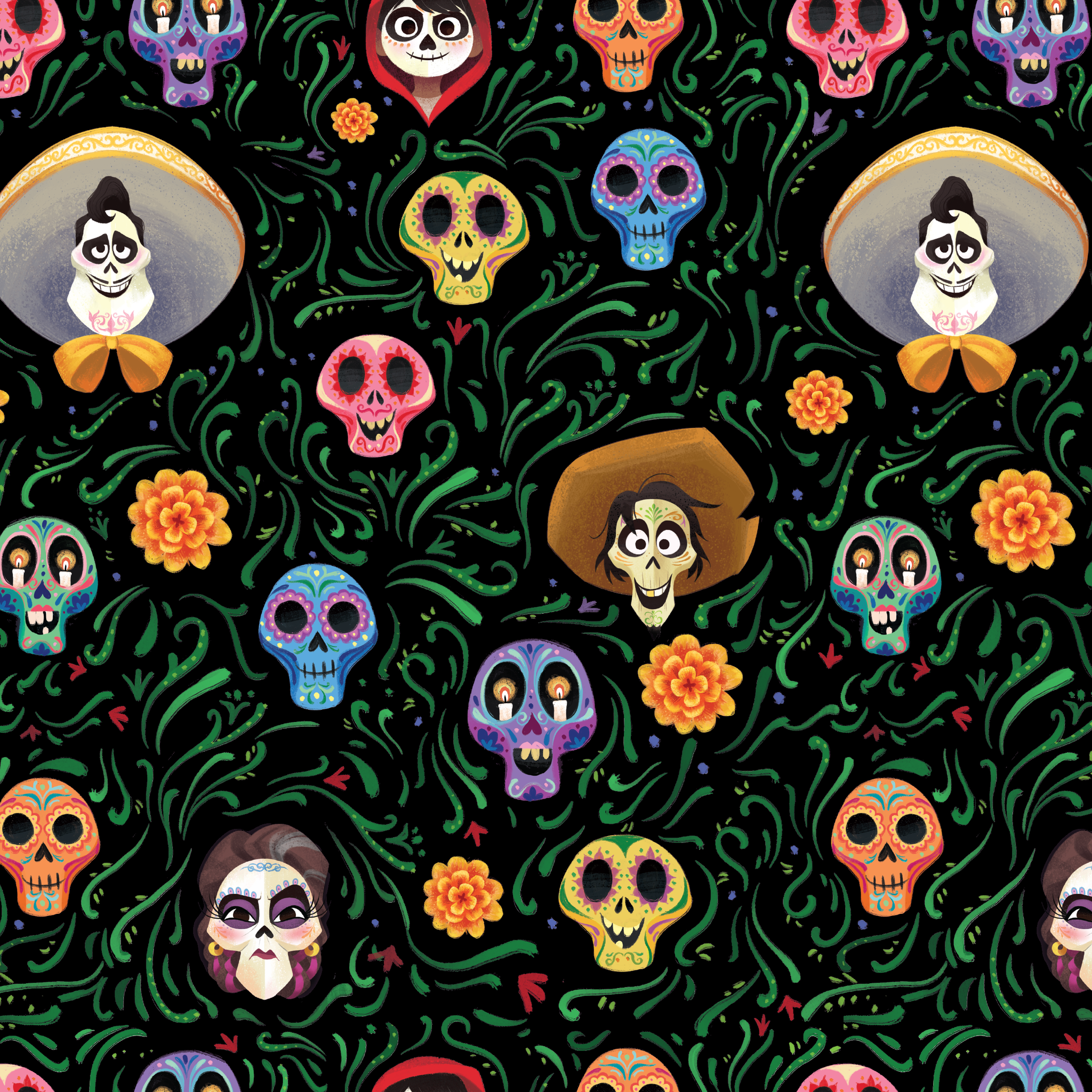 Colorful Coco stylized sugar skulls with sombreros scattered among green vines and orange flowers on black background tiled preview square