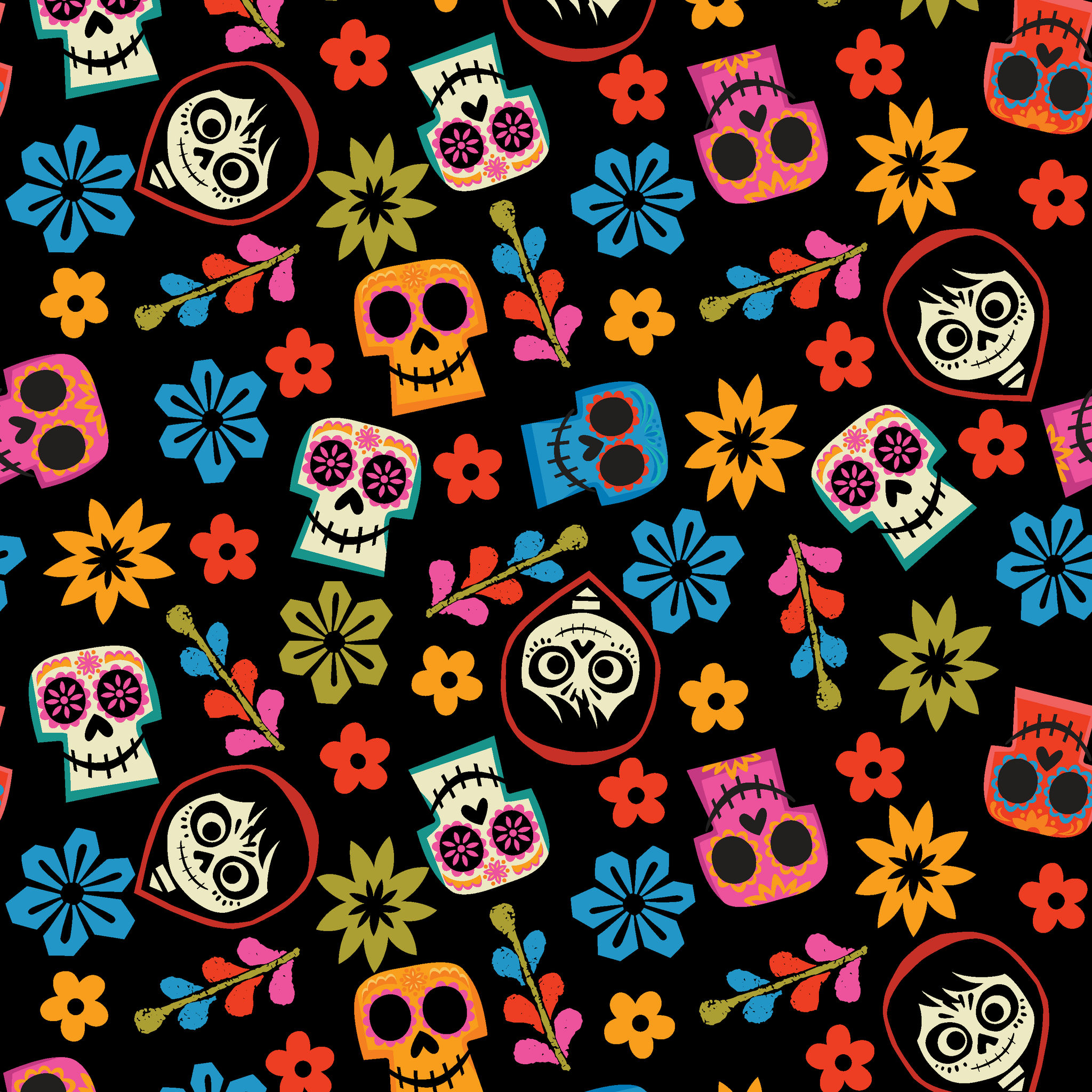 Colorful Coco sugar skull pattern with floral designs on black background for Day of the Dead tiled preview square
