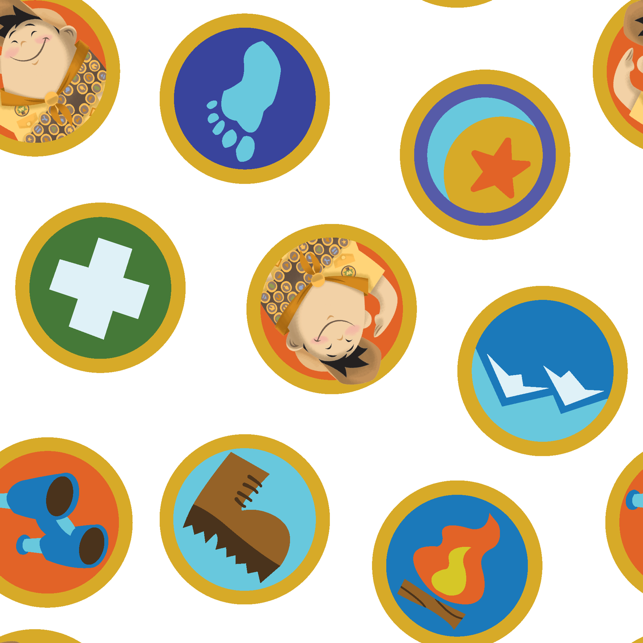 Colorful Up-inspired circular badges with outdoor adventure symbols including footprint, star, first aid cross, boots, and hiking equipment. tiled preview square