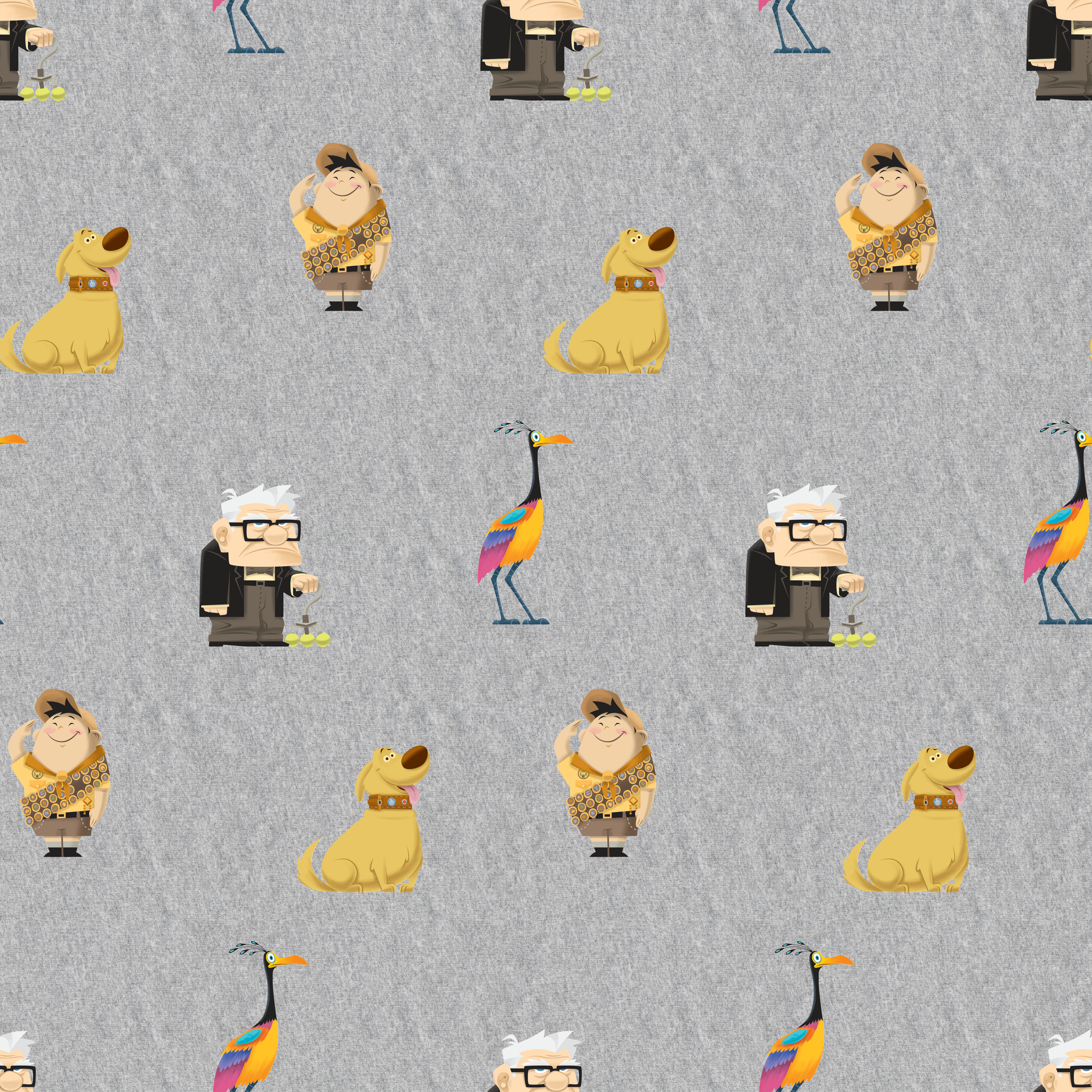 Up pattern with wilderness explorer characters, yellow birds, and colorful details on gray background tiled preview square