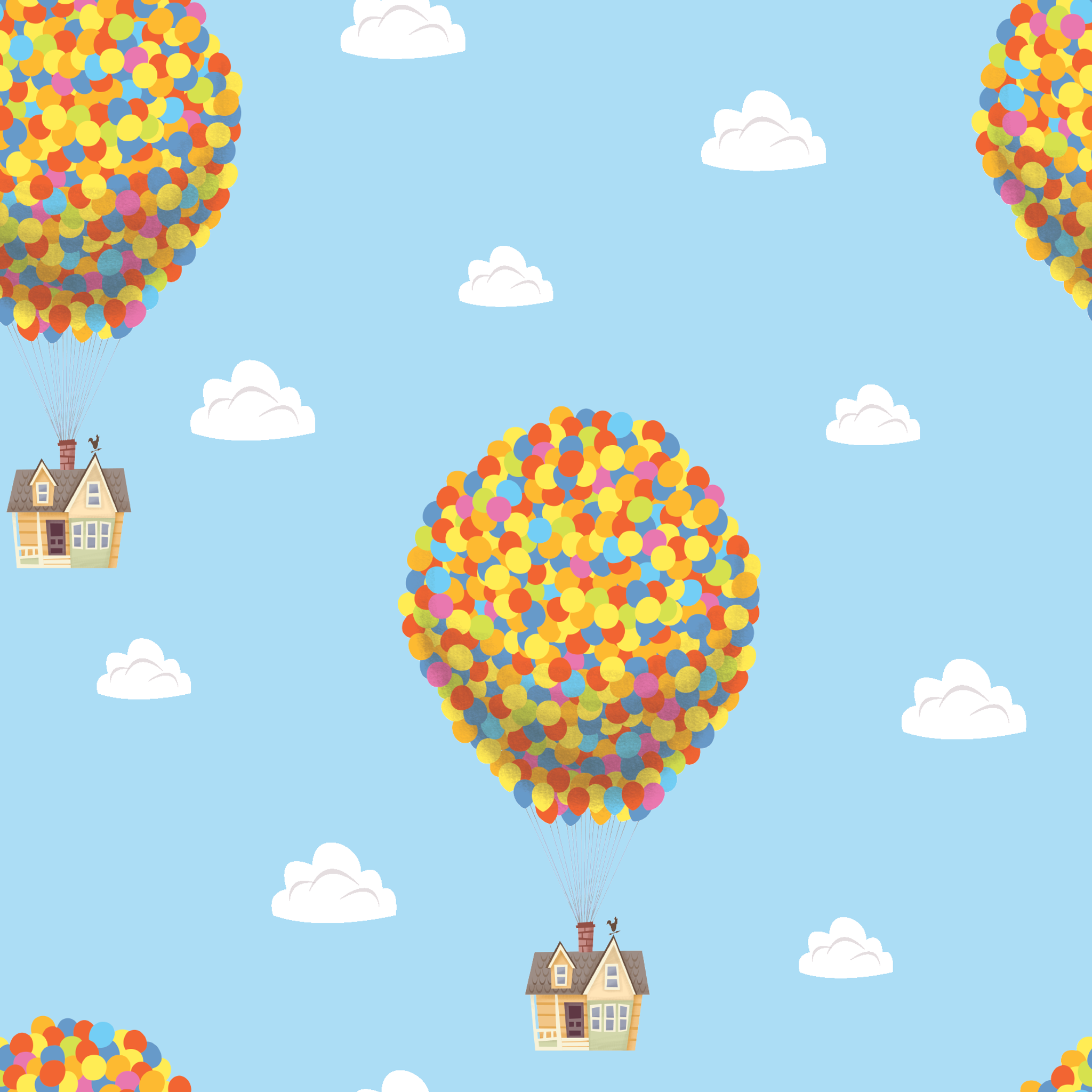 Repeating Up pattern of houses lifted by colorful balloon clusters against a light blue sky with white clouds tiled preview square
