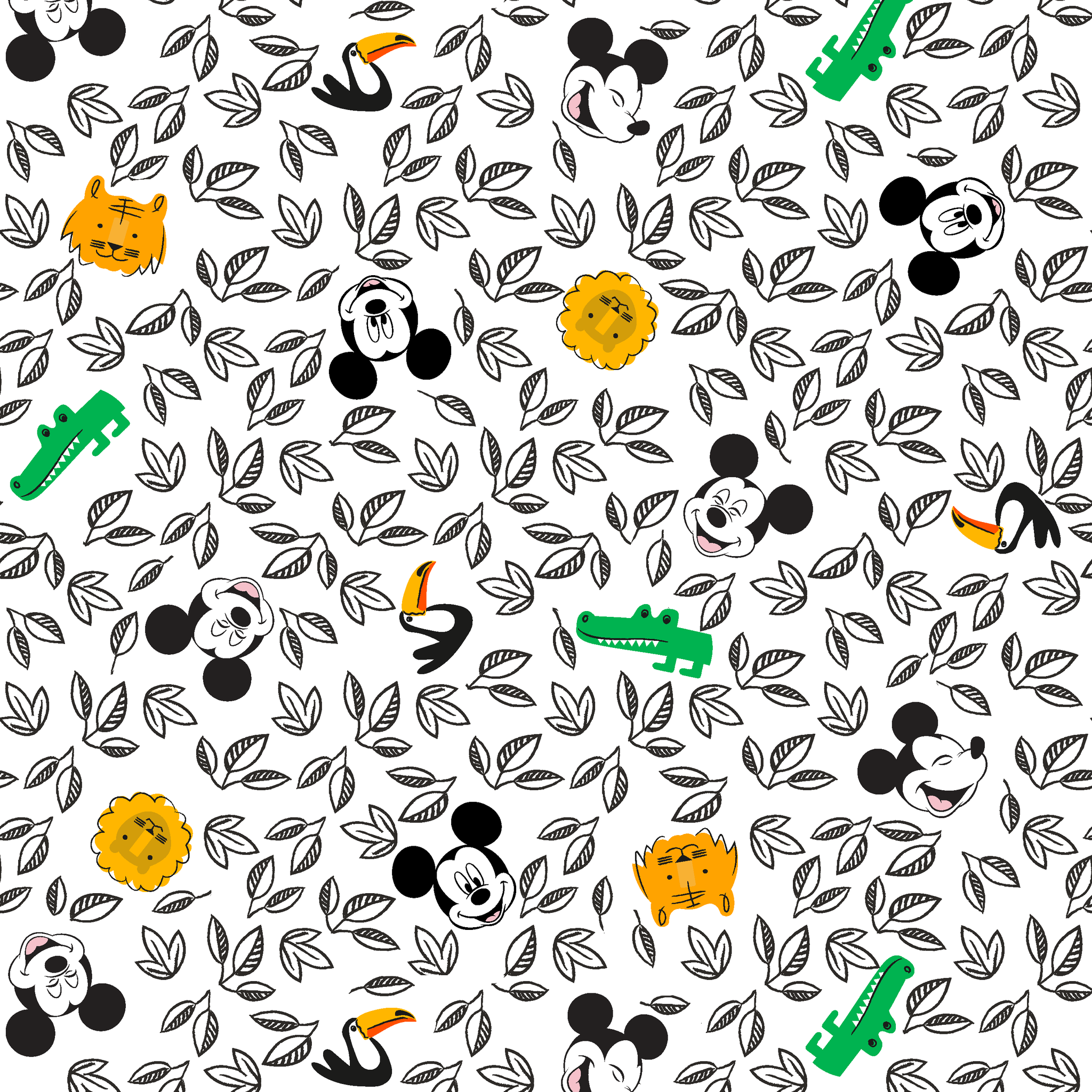 Pattern of cartoon Mickey Mouse silhouettes with yellow honeycomb, green bamboo, and black and white leaves tiled preview square