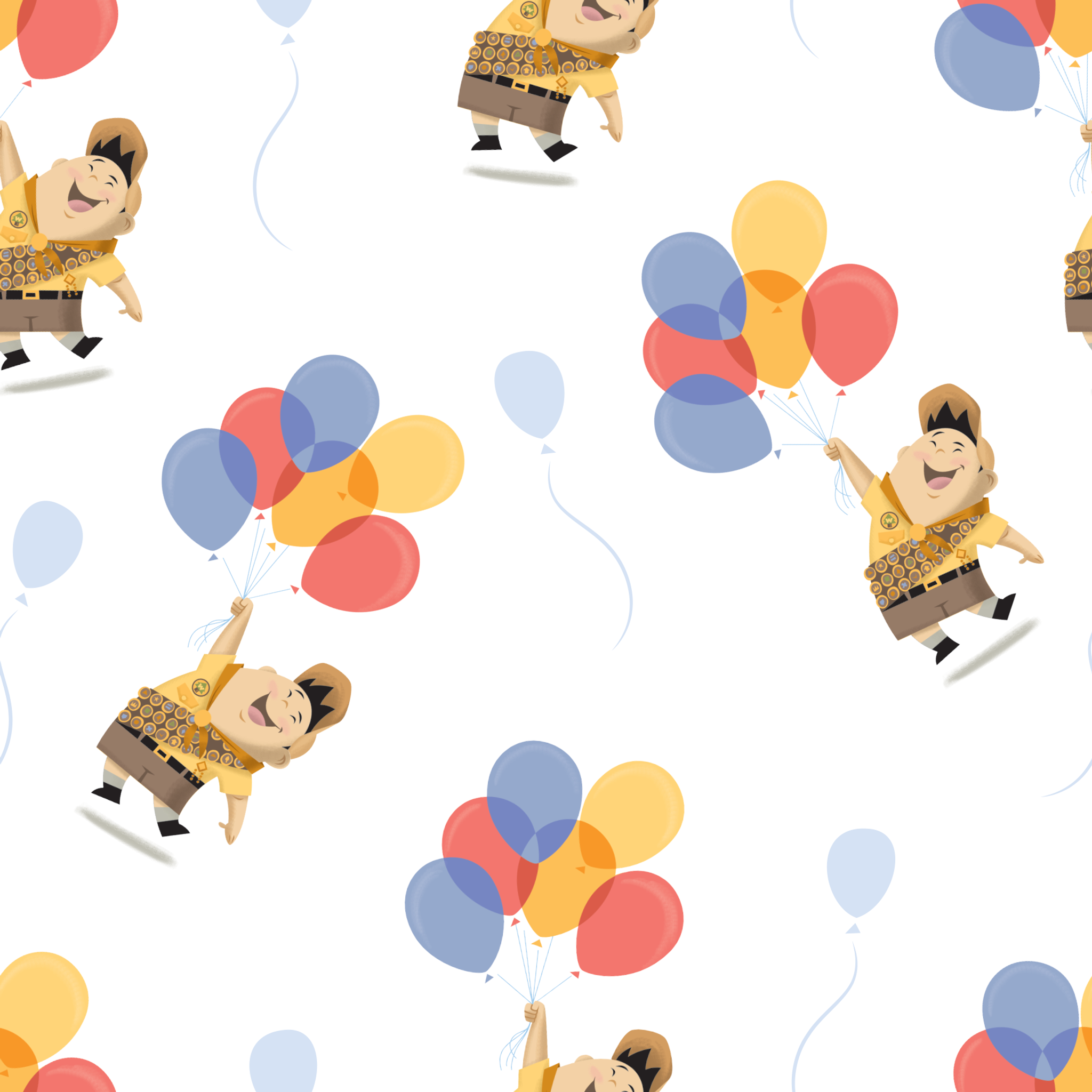 Up's Russell in explorer outfit floating with colorful balloons on white background pattern tiled preview square