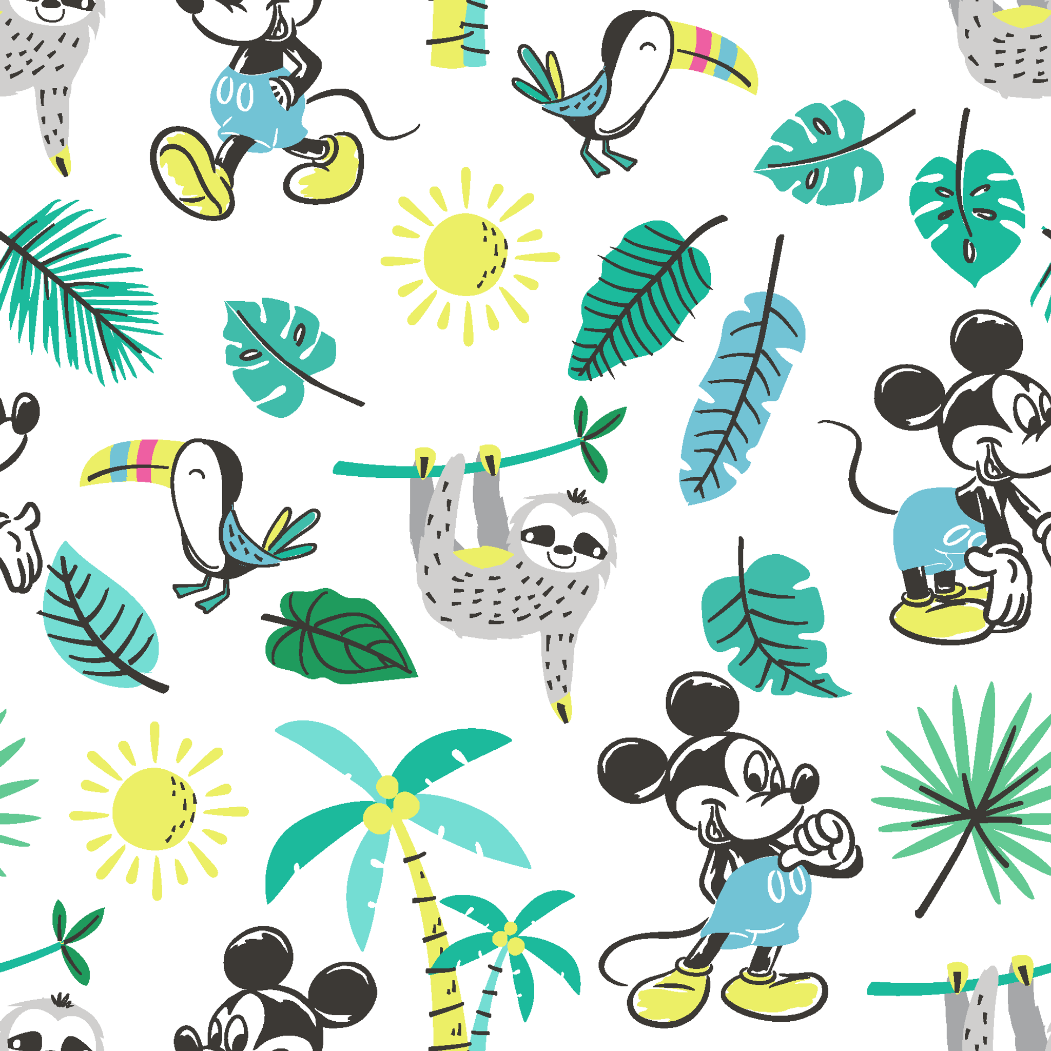 Tropical pattern with cartoon characters, sloths, toucans, palm leaves, and suns on white background tiled preview square