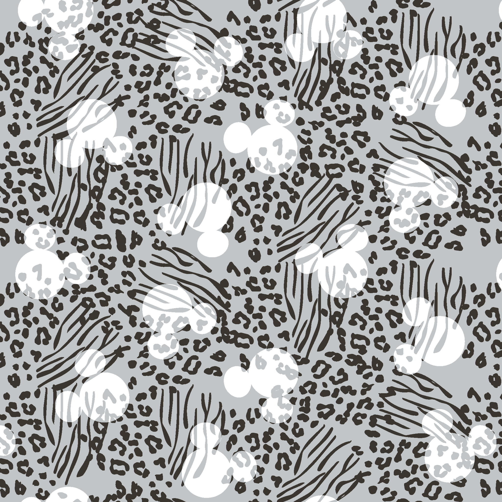 Animal print pattern with zebra stripes and leopard spots in black and white on gray background tiled preview square