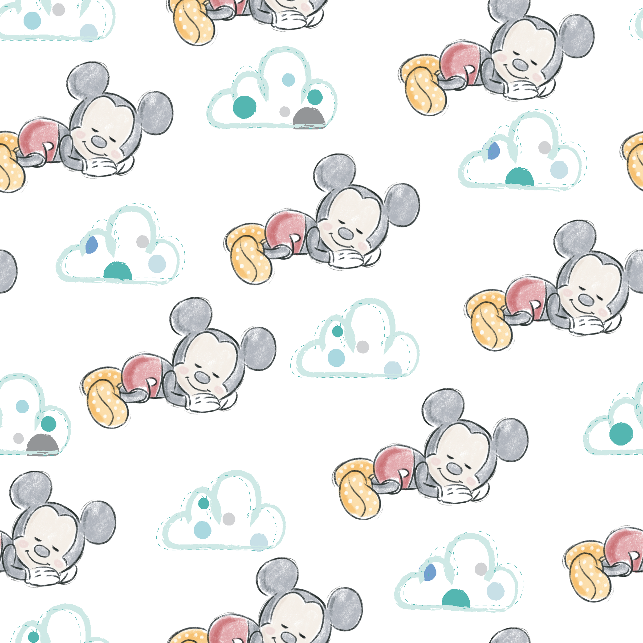 Cute cartoon mouse characters sleeping peacefully on white background with mint green clouds pattern tiled preview square
