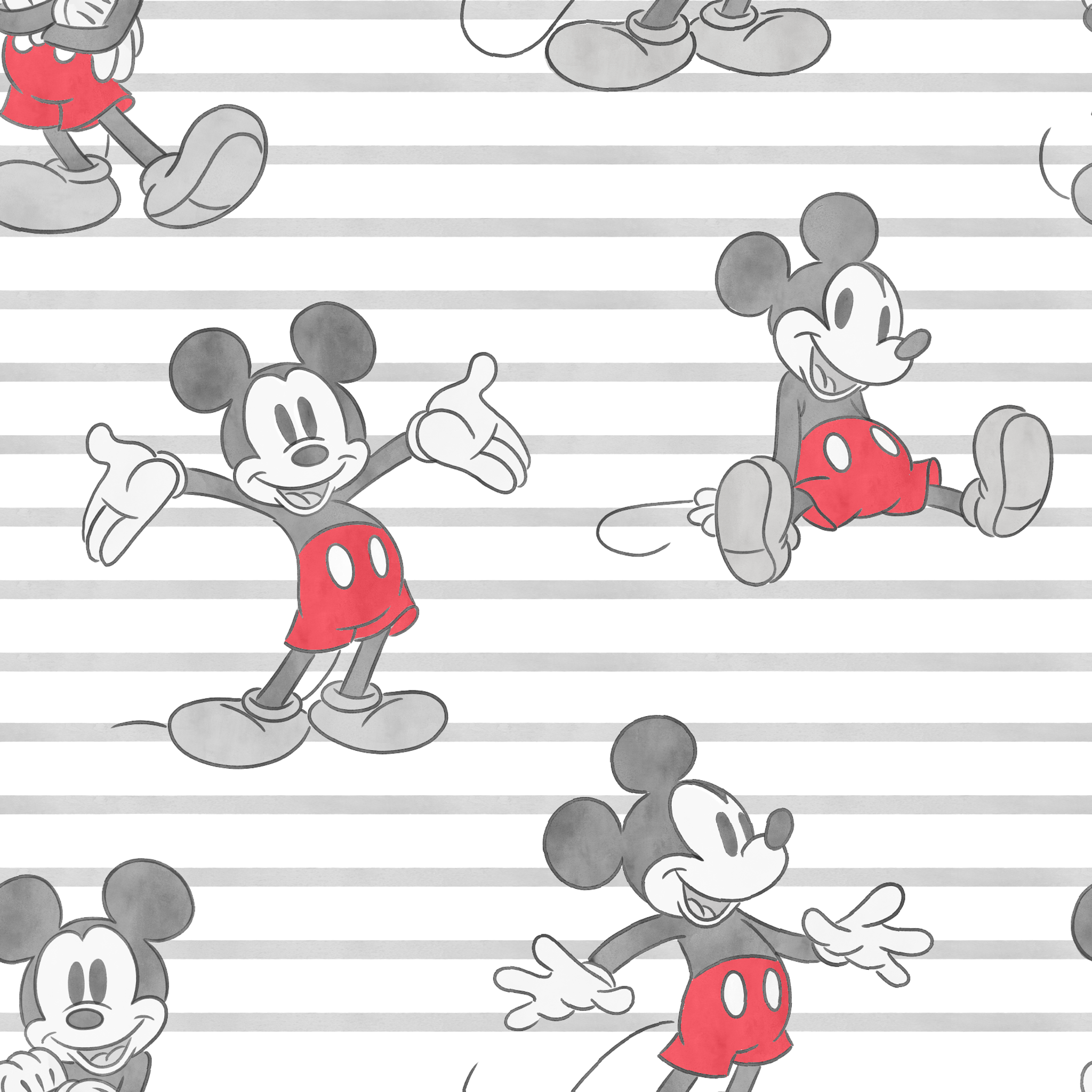Mickey Mouse cartoon characters in various poses on gray and white striped background tiled preview square