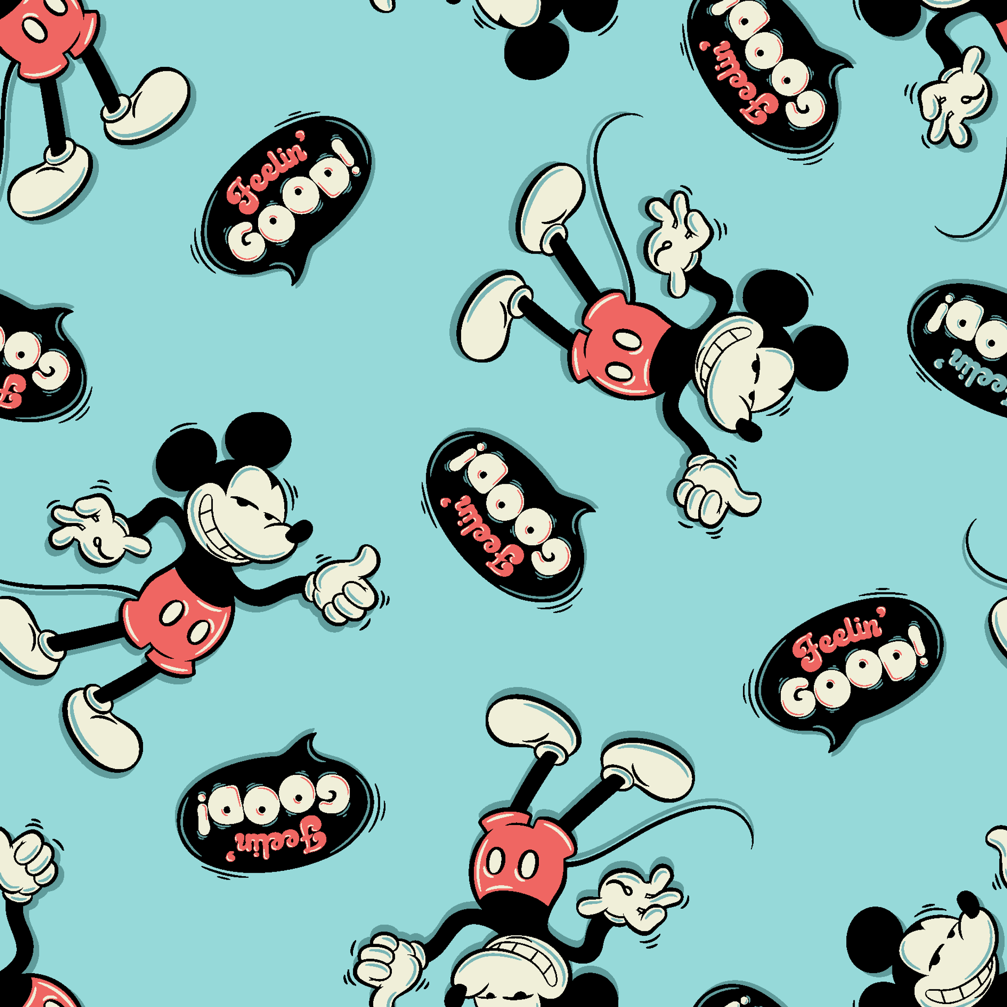 Mickey Mouse pattern on teal background with cartoon characters and "Gosh!" speech bubbles tiled preview square