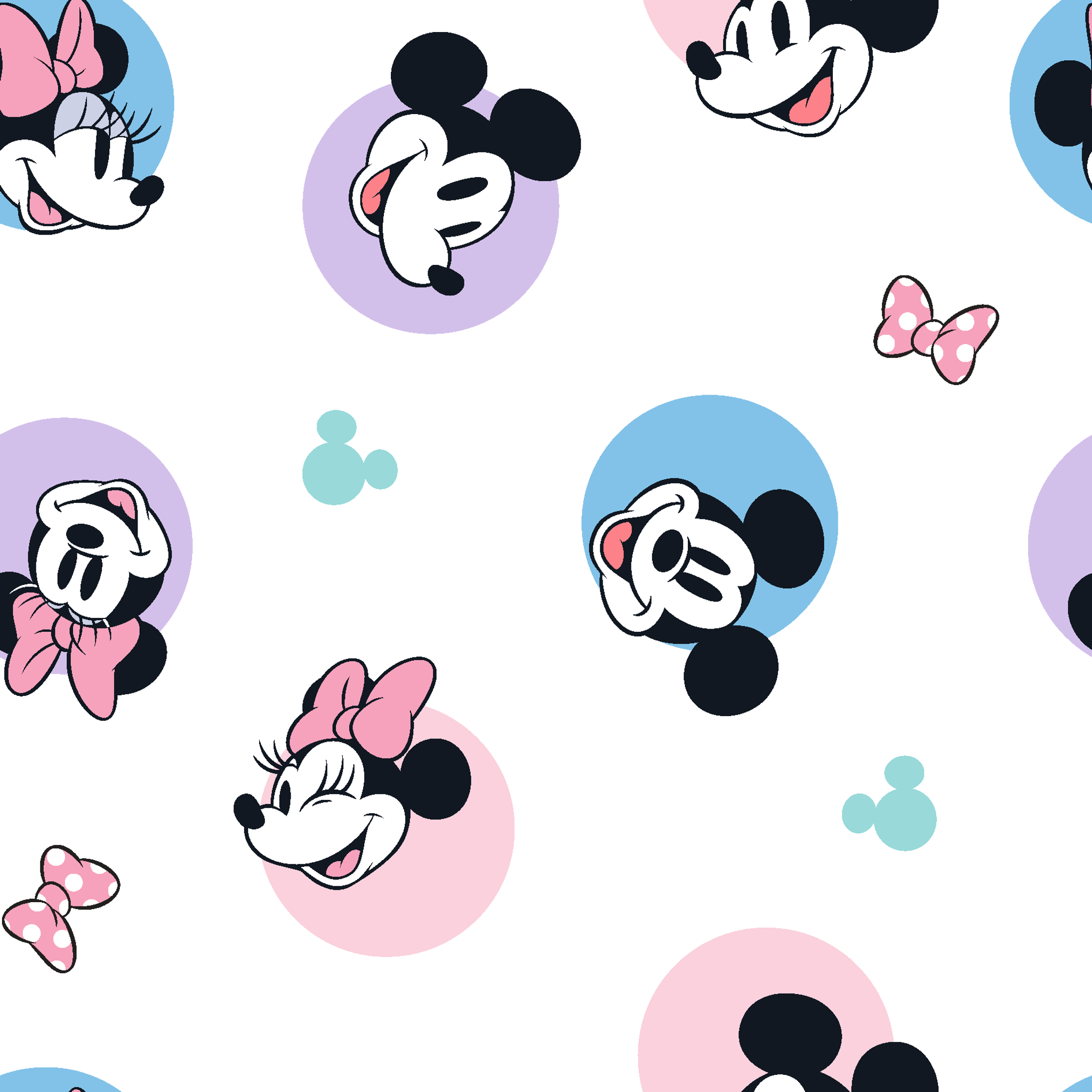 Disney Mickey and Minnie Mouse pattern with character heads on pastel circles, pink bows, and small Mickey icons tiled preview square
