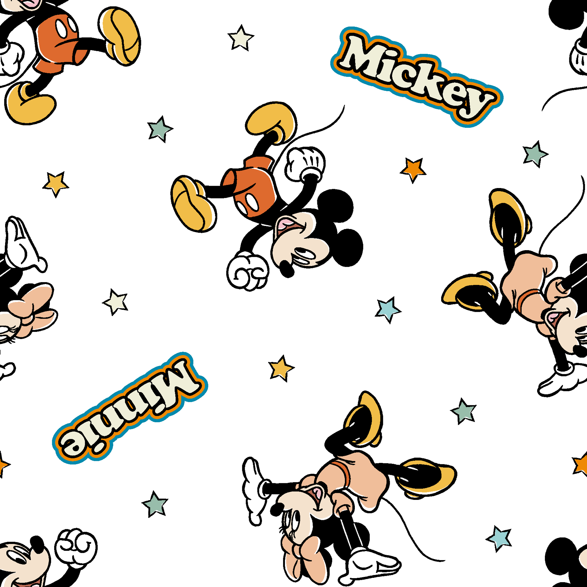 Pattern of cartoon Disney characters including Mickey Mouse and Minnie with yellow stars on white background tiled preview square