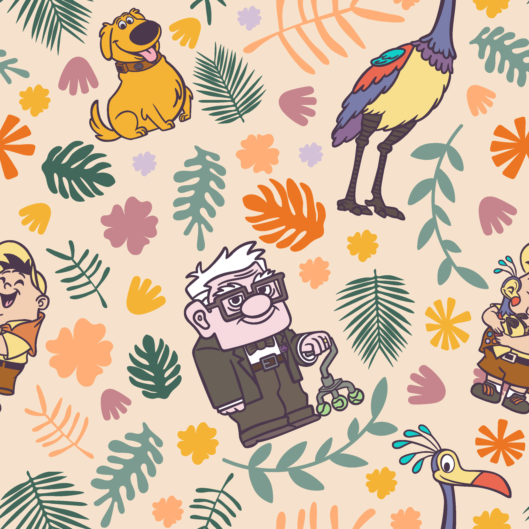 Whimsical cartoon pattern with colorful characters from Pixar's "Up" against floral background tiled preview square