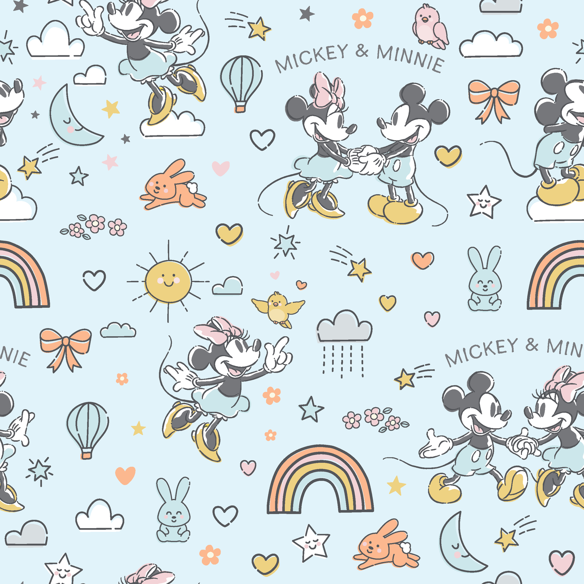 Playful Disney pattern with classic cartoon characters, rainbows, hearts, and whimsical elements on light blue background. tiled preview square