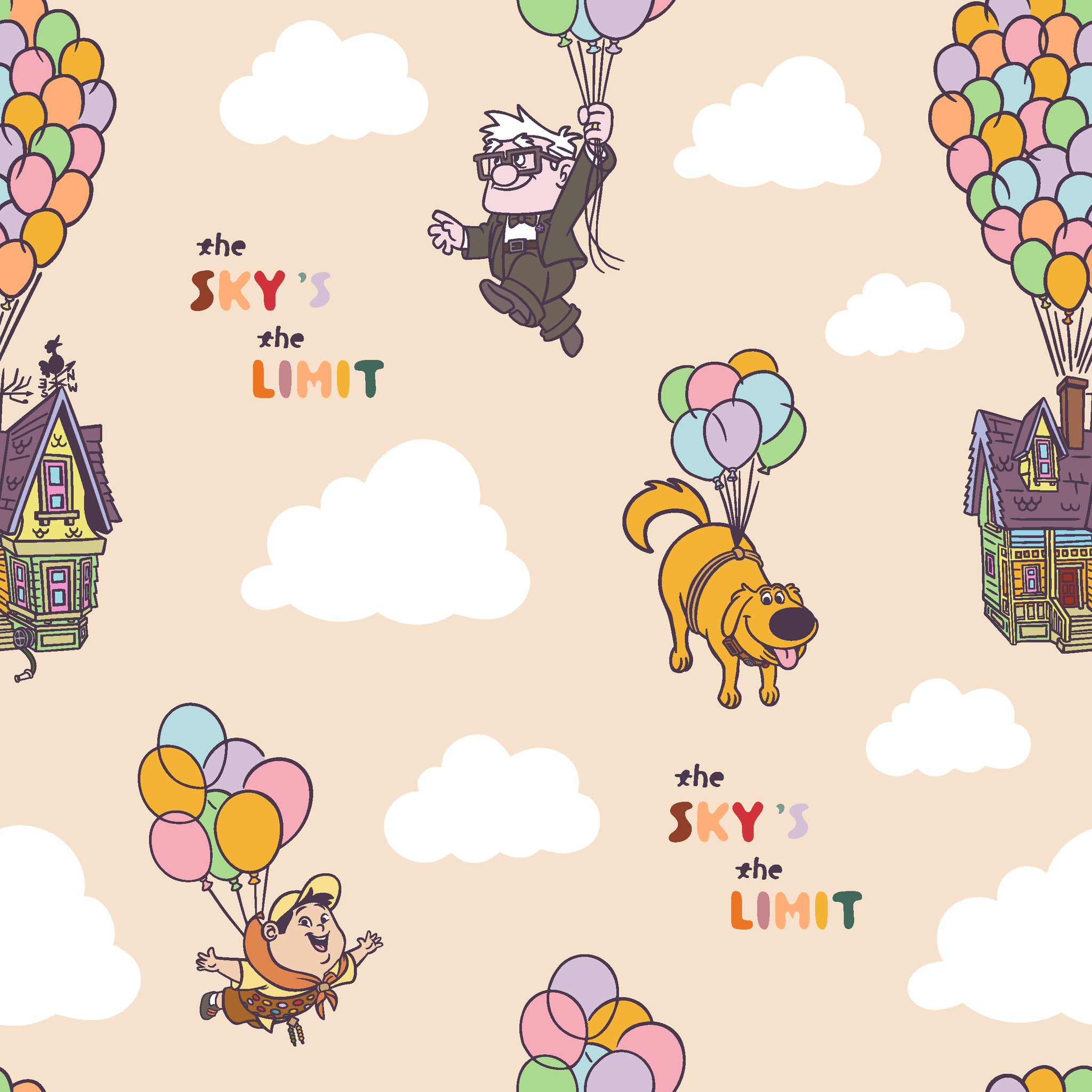 Pixar Up's characters floating with colorful balloons against beige sky with "sky's the limit" text tiled preview square