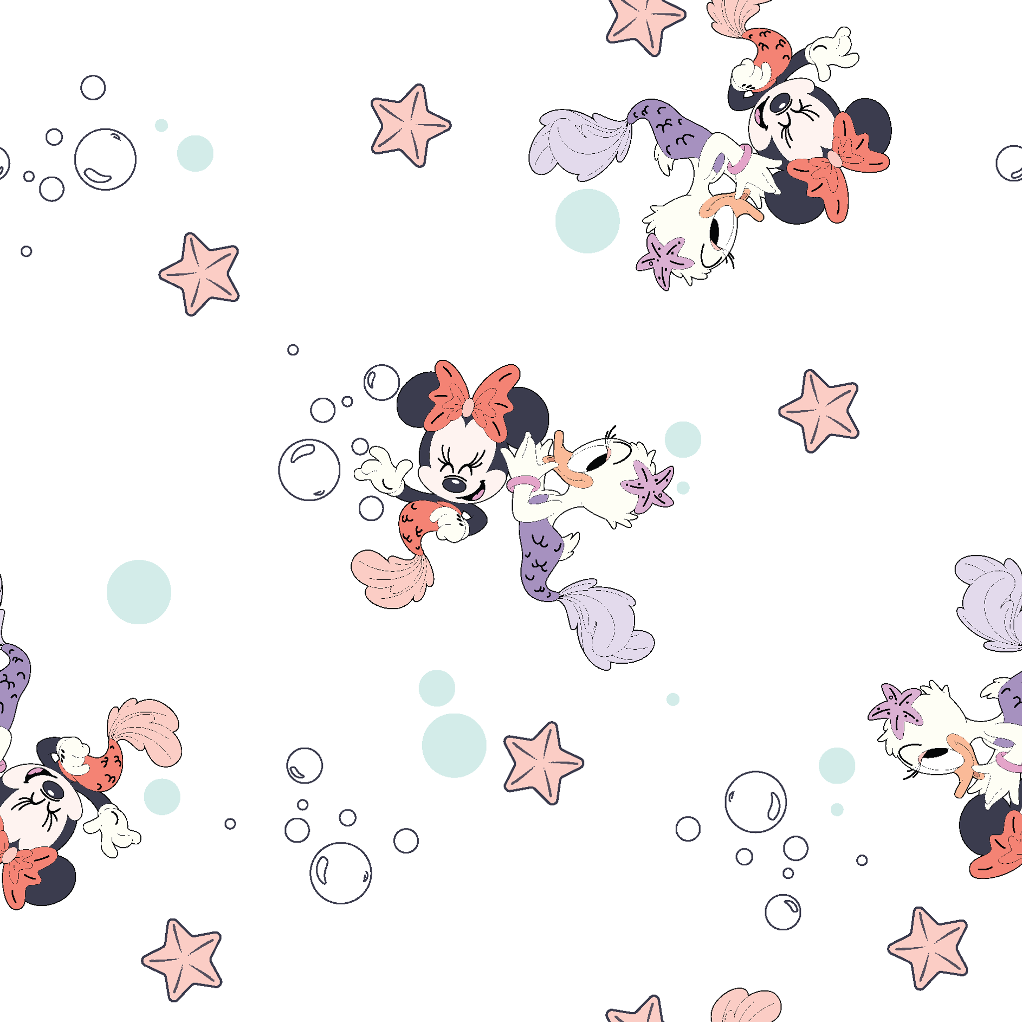 Minnie Mouse pattern with pastel stars and bubbles on white background, playful cartoon style tiled preview square