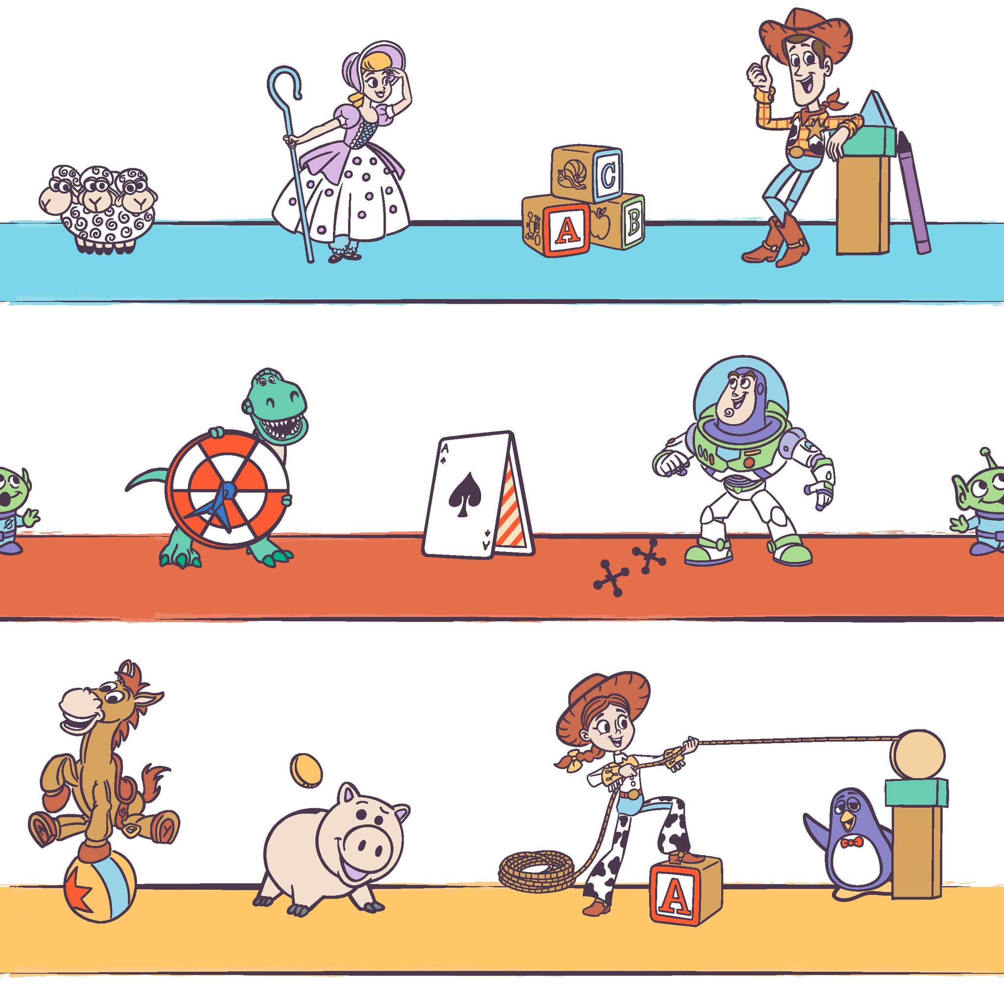 Cartoon illustration of three rows showing different Toy Story characters in action - Woody, Buzzlightyear, Jessie, & more! tiled preview square