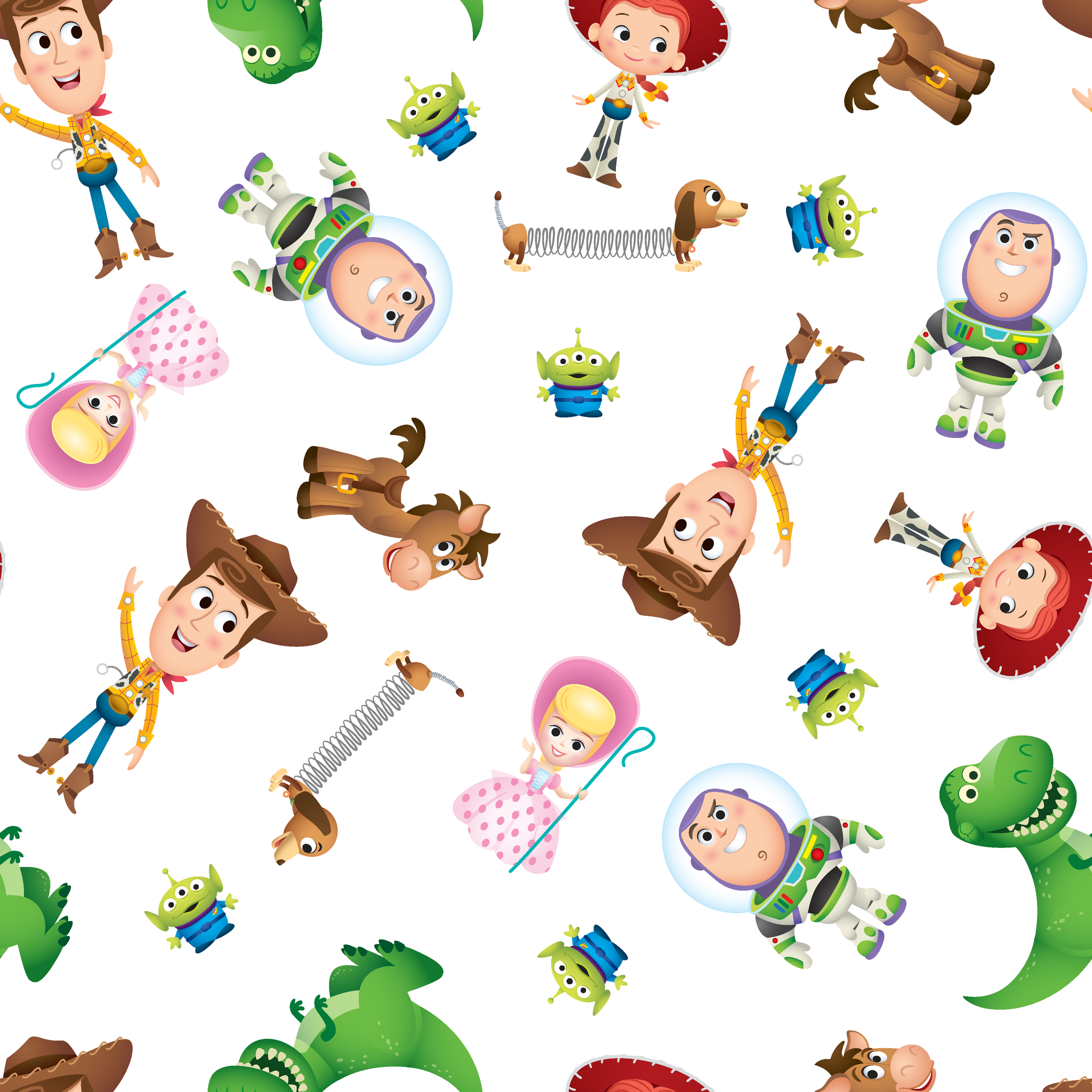 Toy Story character pattern with Woody, Buzz, Jessie, Rex, Slinky Dog and aliens on white background tiled preview square