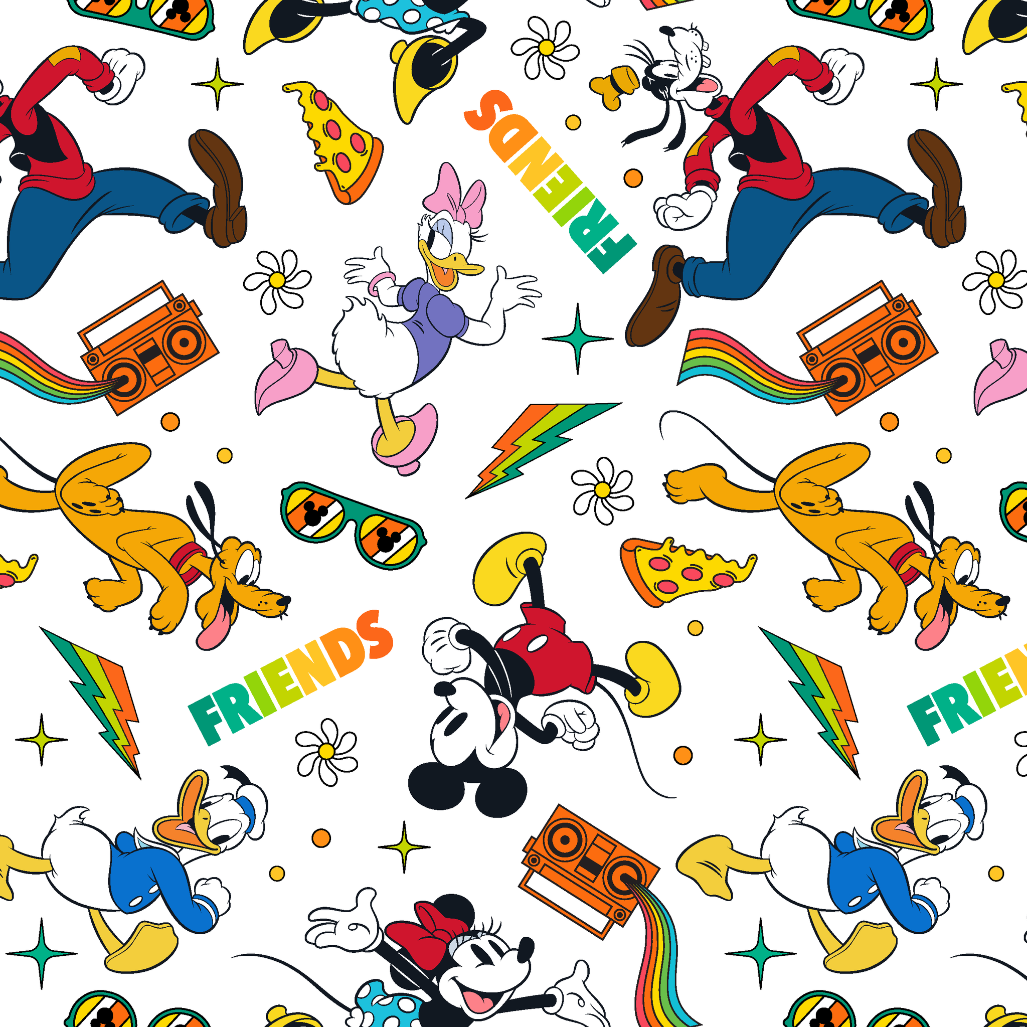 Cartoon pattern featuring classic Disney characters with radios, rainbows, sunglasses and "FRIENDS" text on white background. tiled preview square