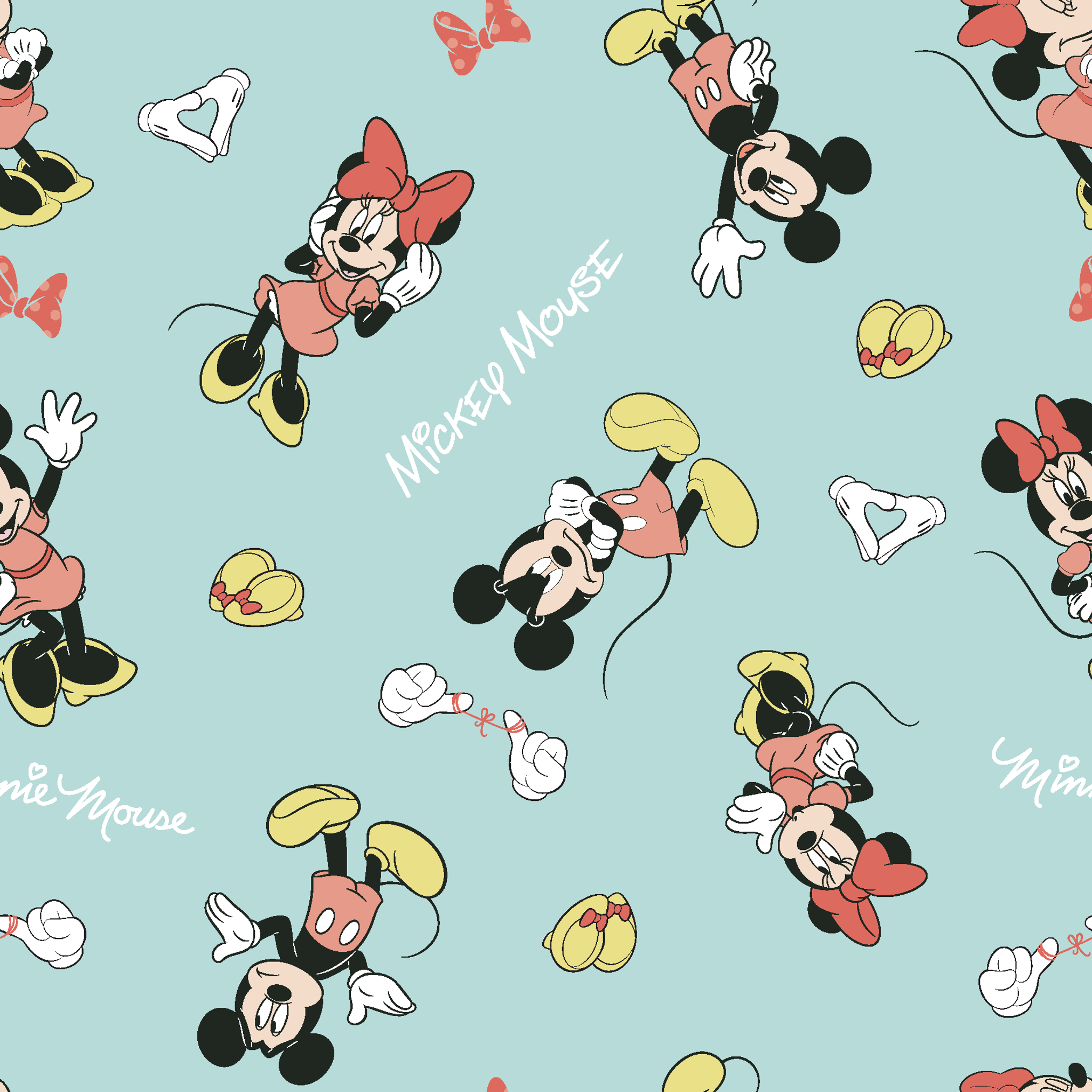 Mickey and Minnie Mouse pattern on light turquoise background with scattered characters, bows, and gloves tiled preview square