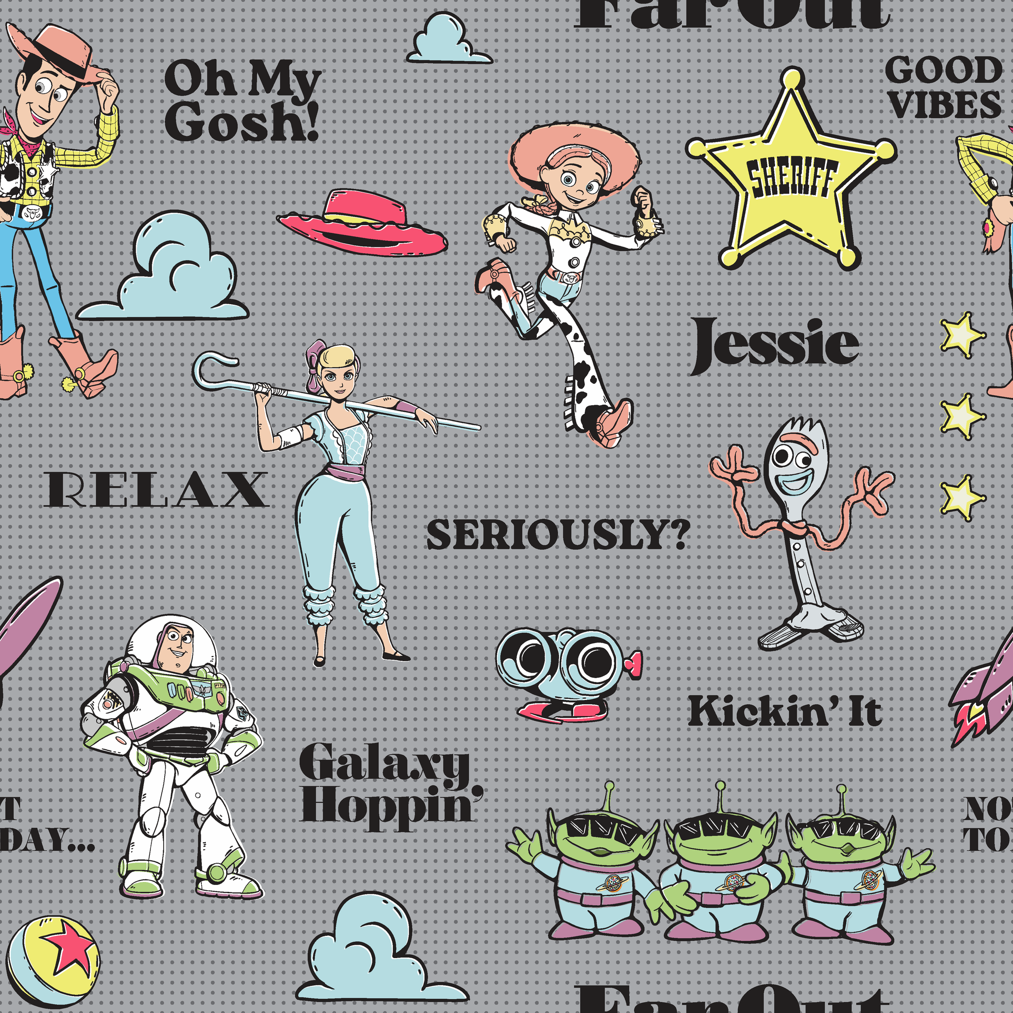 Toy Story character pattern with Buzz, Woody and aliens on gray background with phrases like "Good Vibes" and "Galaxy Hoppin' tiled preview square
