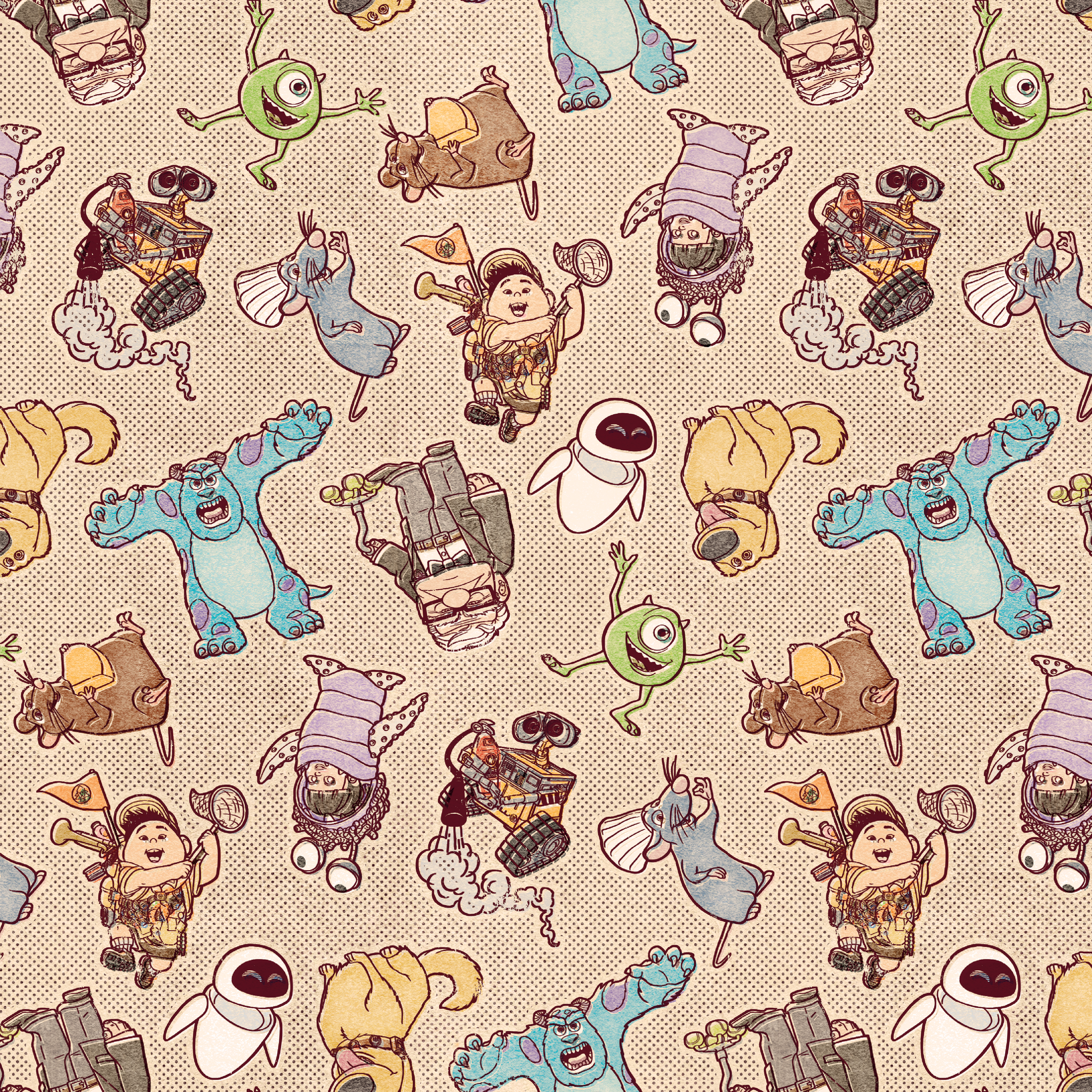 Cute cartoon pattern of Pixar characters including Wall-E, Sulley, and other characters on beige background tiled preview square