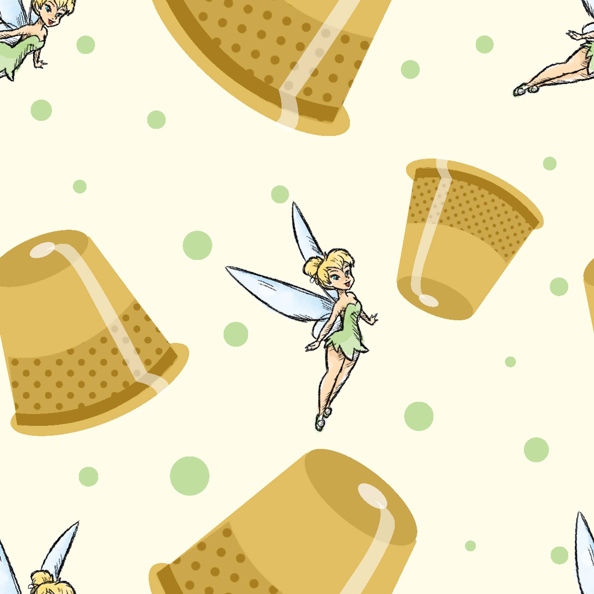 A pattern featuring Tinkerbell fairy with golden thimbles on a pale background with green dots. tiled preview square
