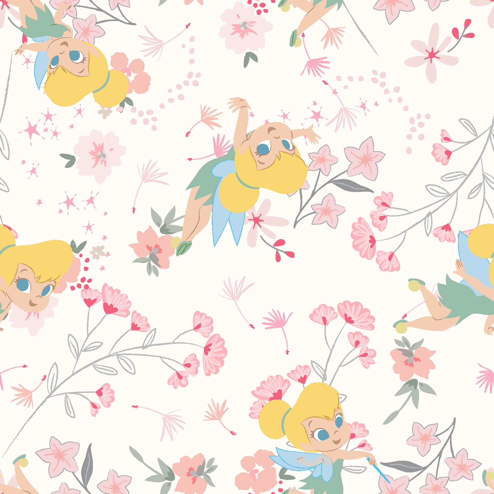 Whimsical pattern with Tinker Bell among pink flowers and green leaves on white background tiled preview square