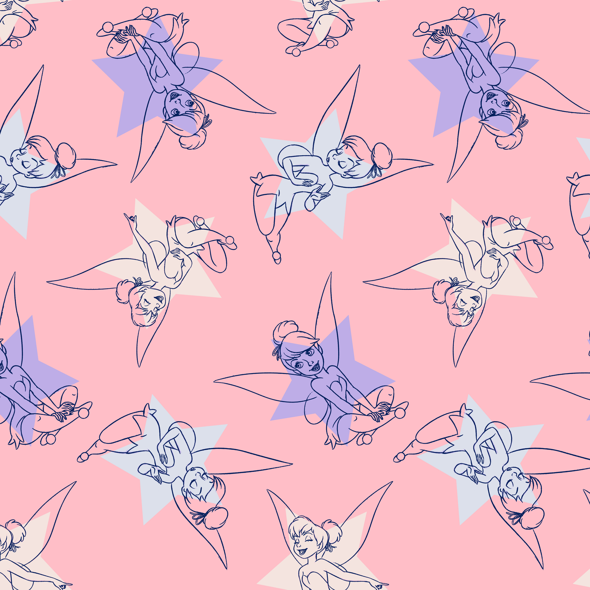 Whimsical Tinker Bells in outlined blue and white style on a soft pink background tiled preview square