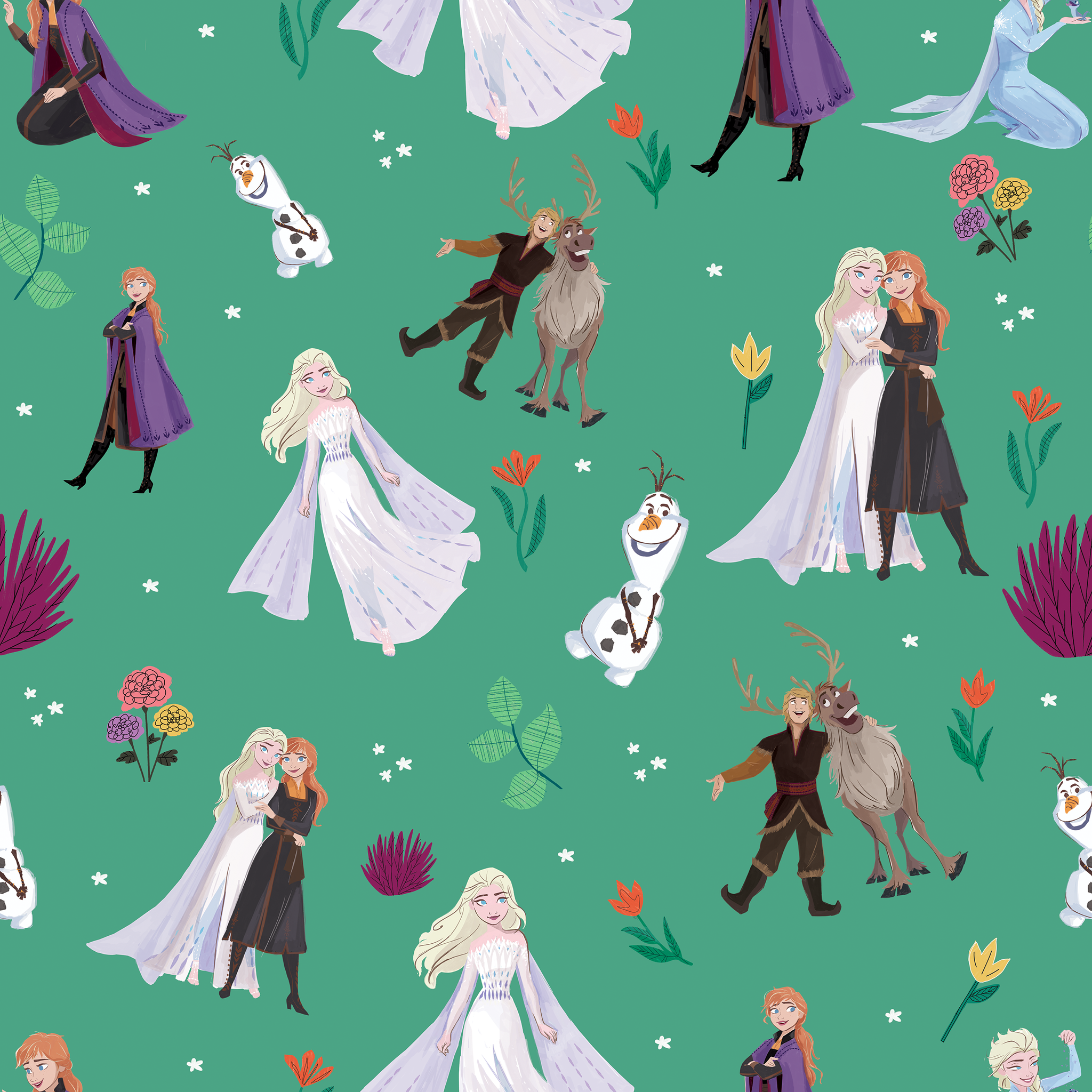 Pattern of animated characters from Frozen including Olaf the snowman, characters in formal attire, and colorful flowers on a green background. tiled preview square