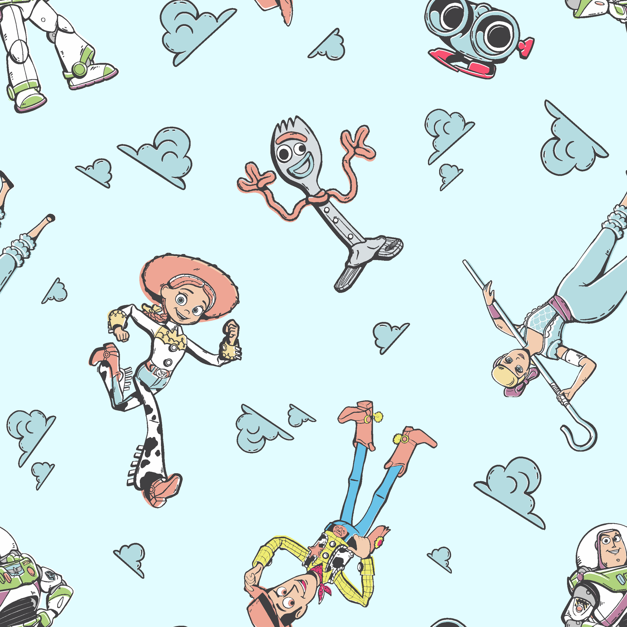 Cartoon characters from "Toy Story" floating on light blue background with cloud patterns tiled preview square