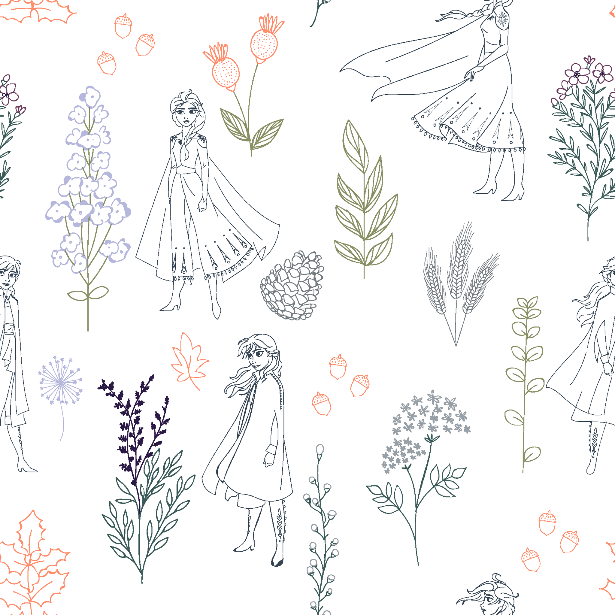 Delicate line drawing pattern of Elsa and Anna among botanical illustrations and flowers in soft colors tiled preview square