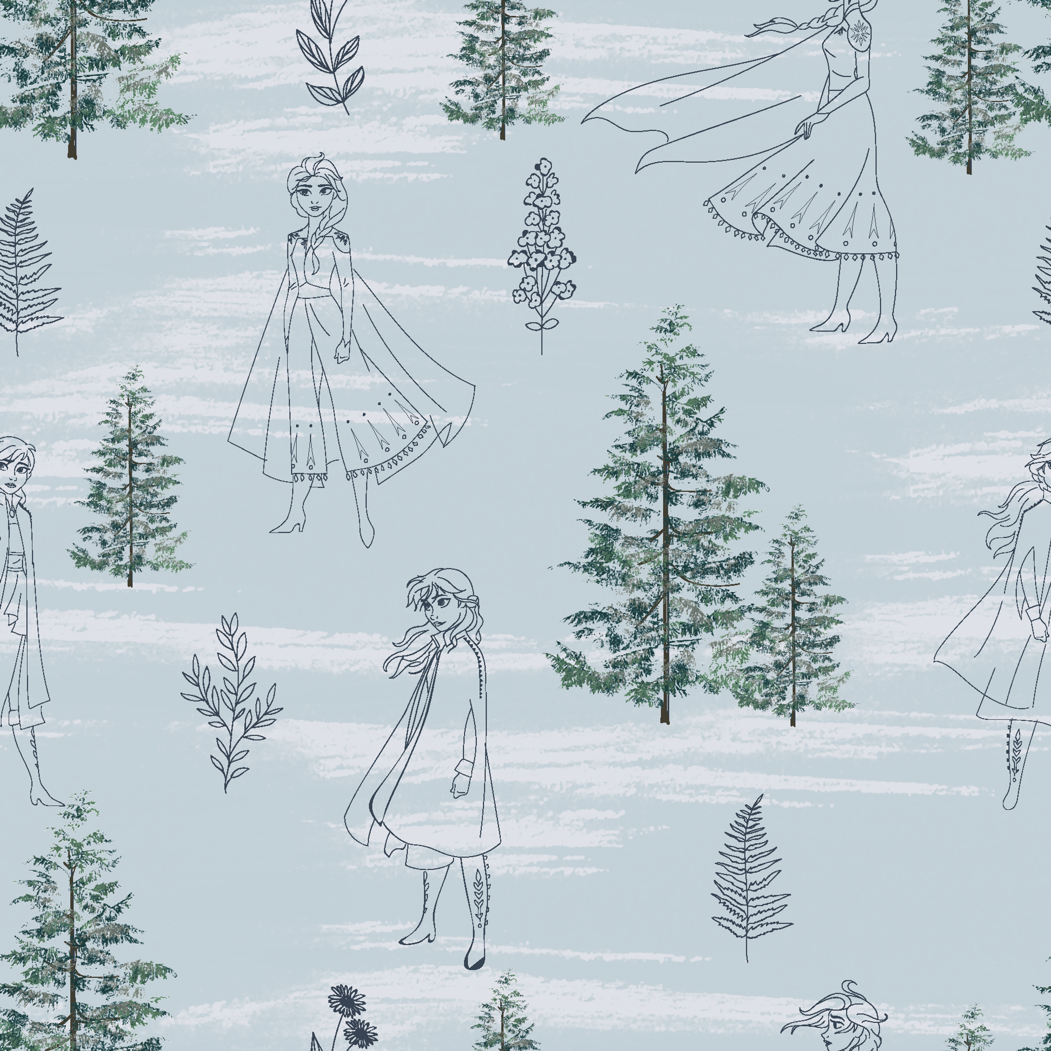 Pale blue pattern with delicate line drawings of pine trees, Elsa, and Anna across a wintry landscape tiled preview square