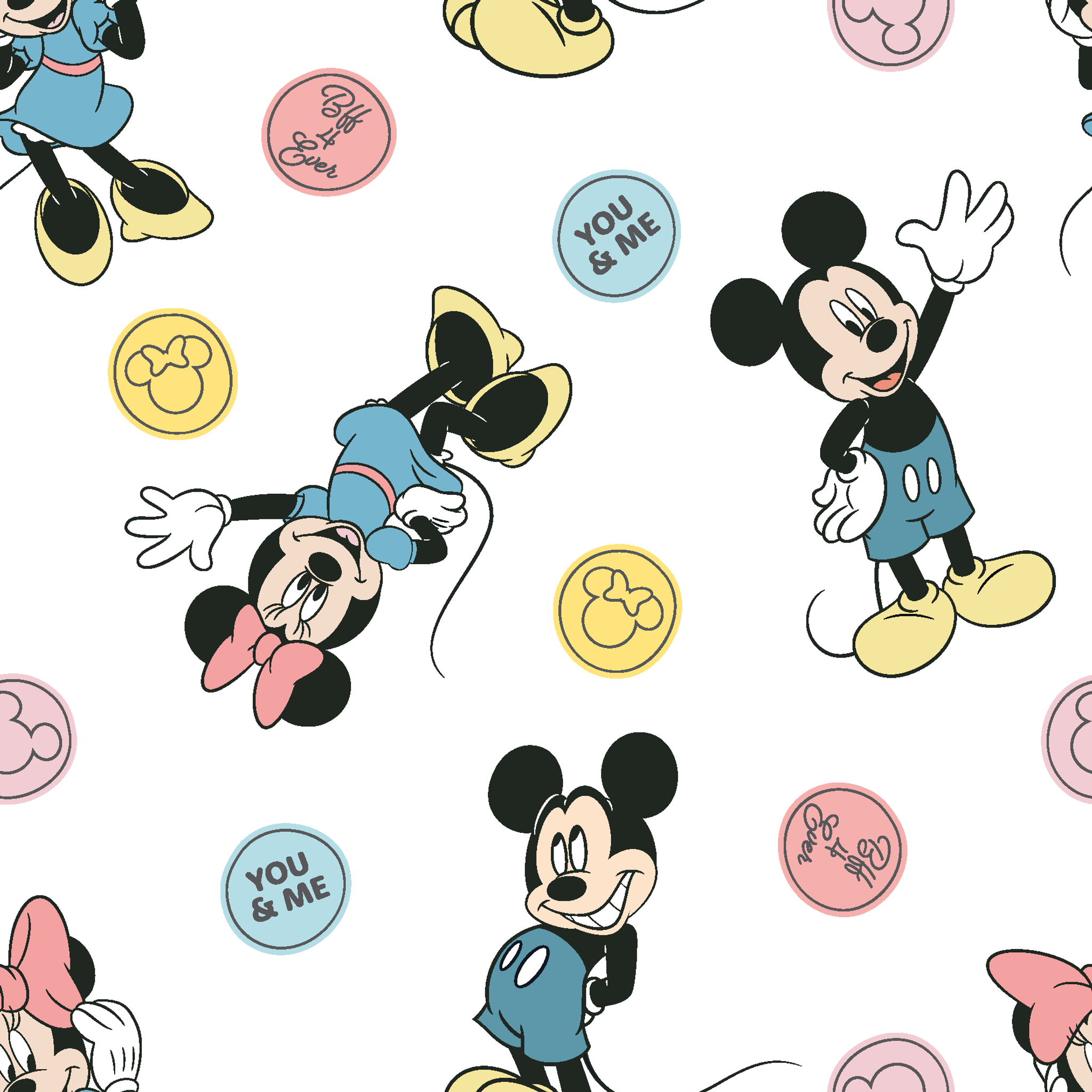Mickey Mouse and Minnie Mouse cartoon pattern with colorful circles containing phrases on white background. tiled preview square