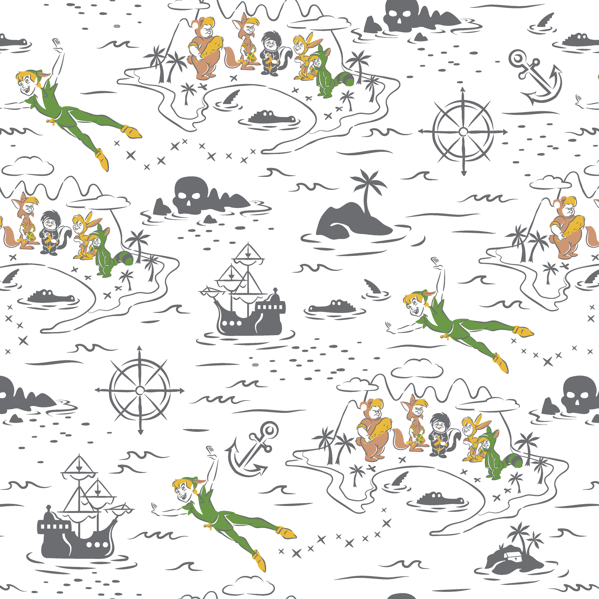 Peter Pan-inspired pattern with islands, ships, mermaids, compass roses, and pirate symbols in green, orange, and gray on white background tiled preview square