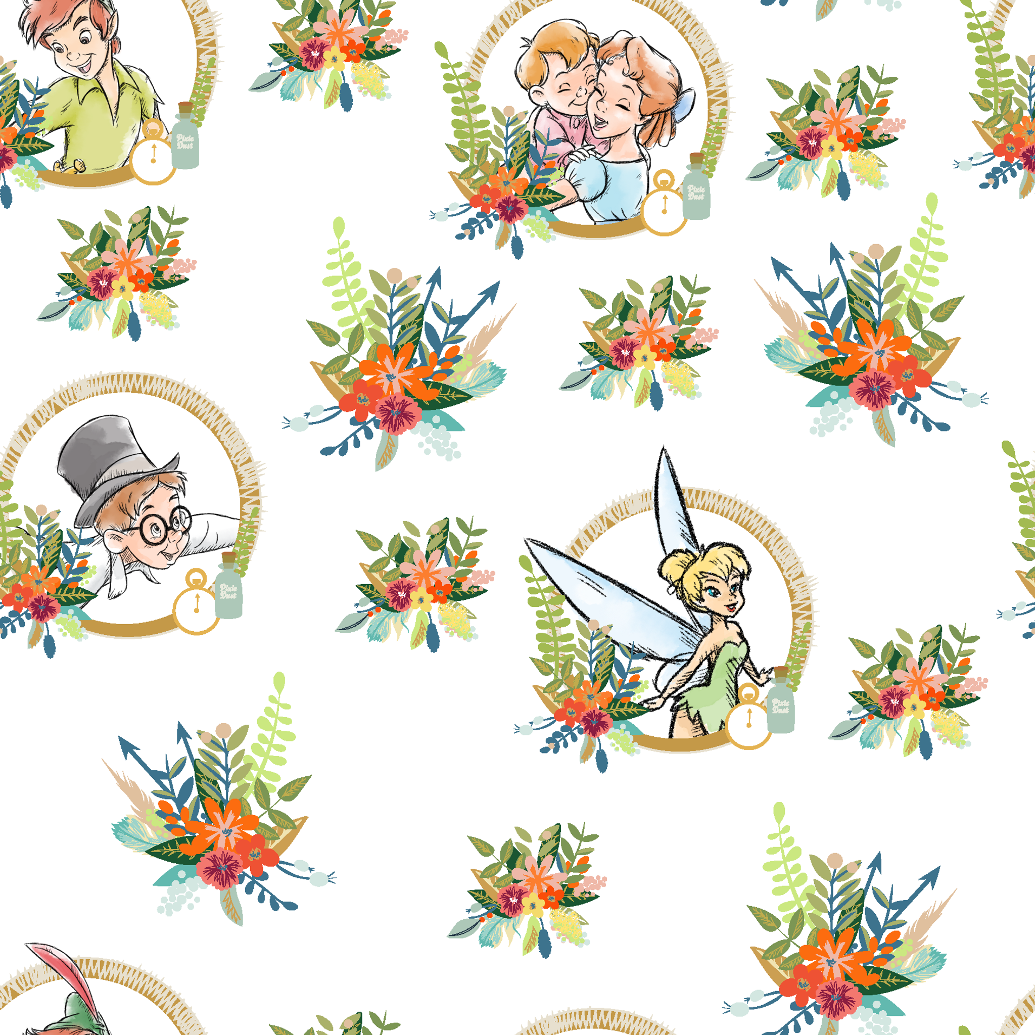 Illustrated pattern featuring cartoon characters in gold circles with colorful floral arrangements tiled preview square