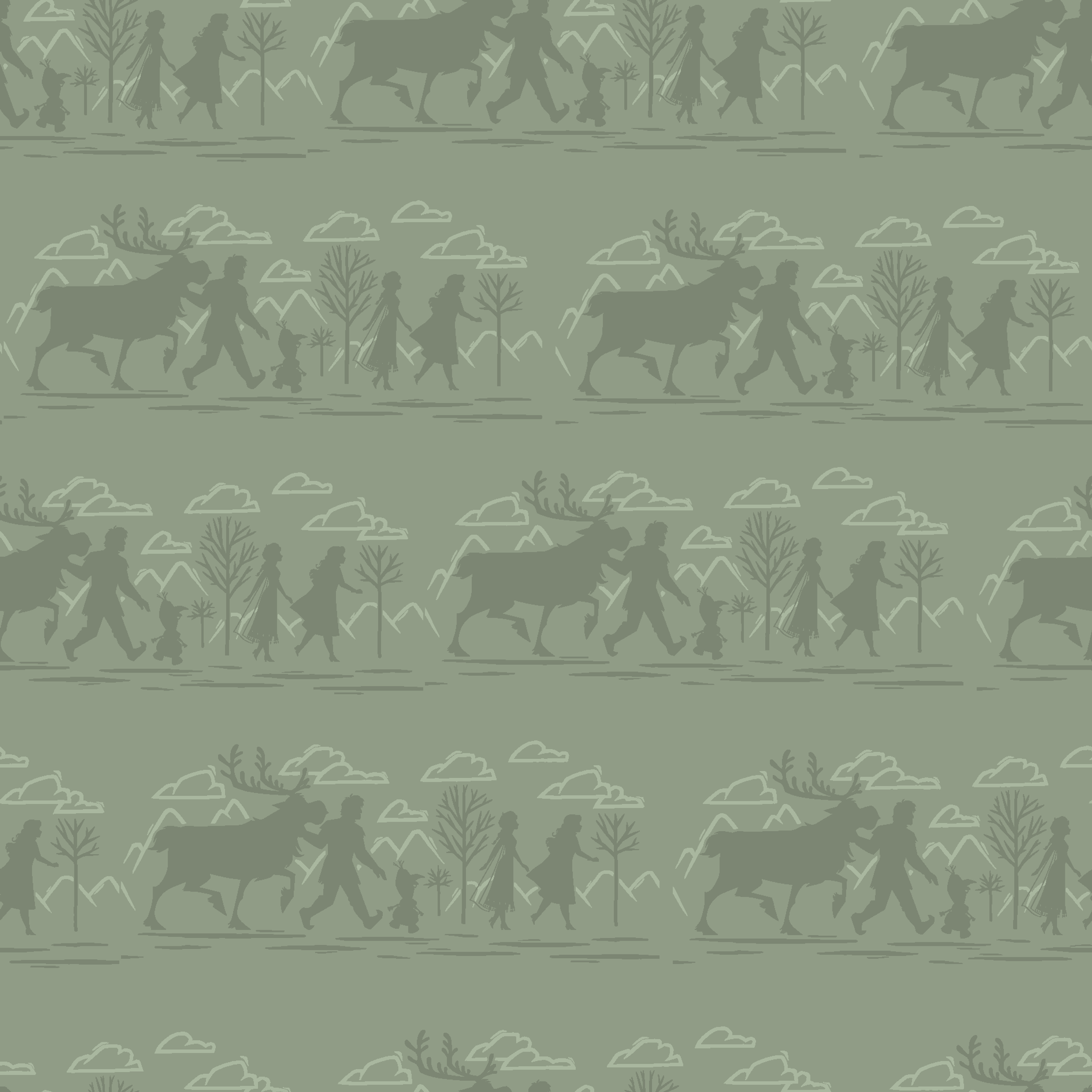 Muted green patterned design with repeating silhouettes of Frozen characters in horizontal bands tiled preview square