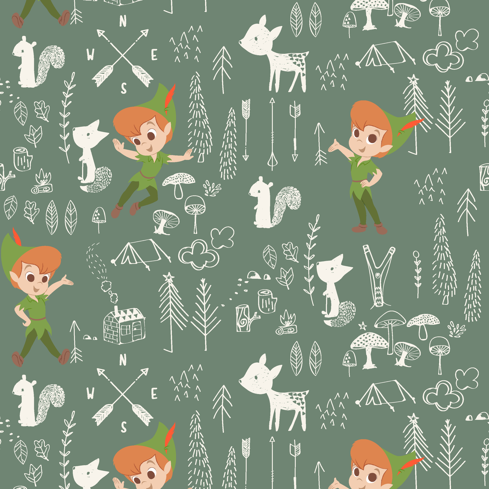 Illustrated forest pattern with cartoon characters in green outfits, white animals, and woodland elements on sage background. tiled preview square