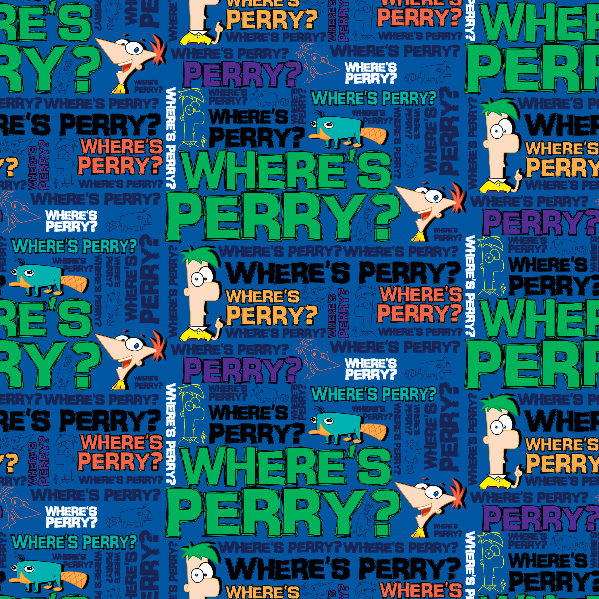 Phineas & Ferb pattern with "WHERE'S PERRY?" text repeated in various colors on blue background tiled preview square